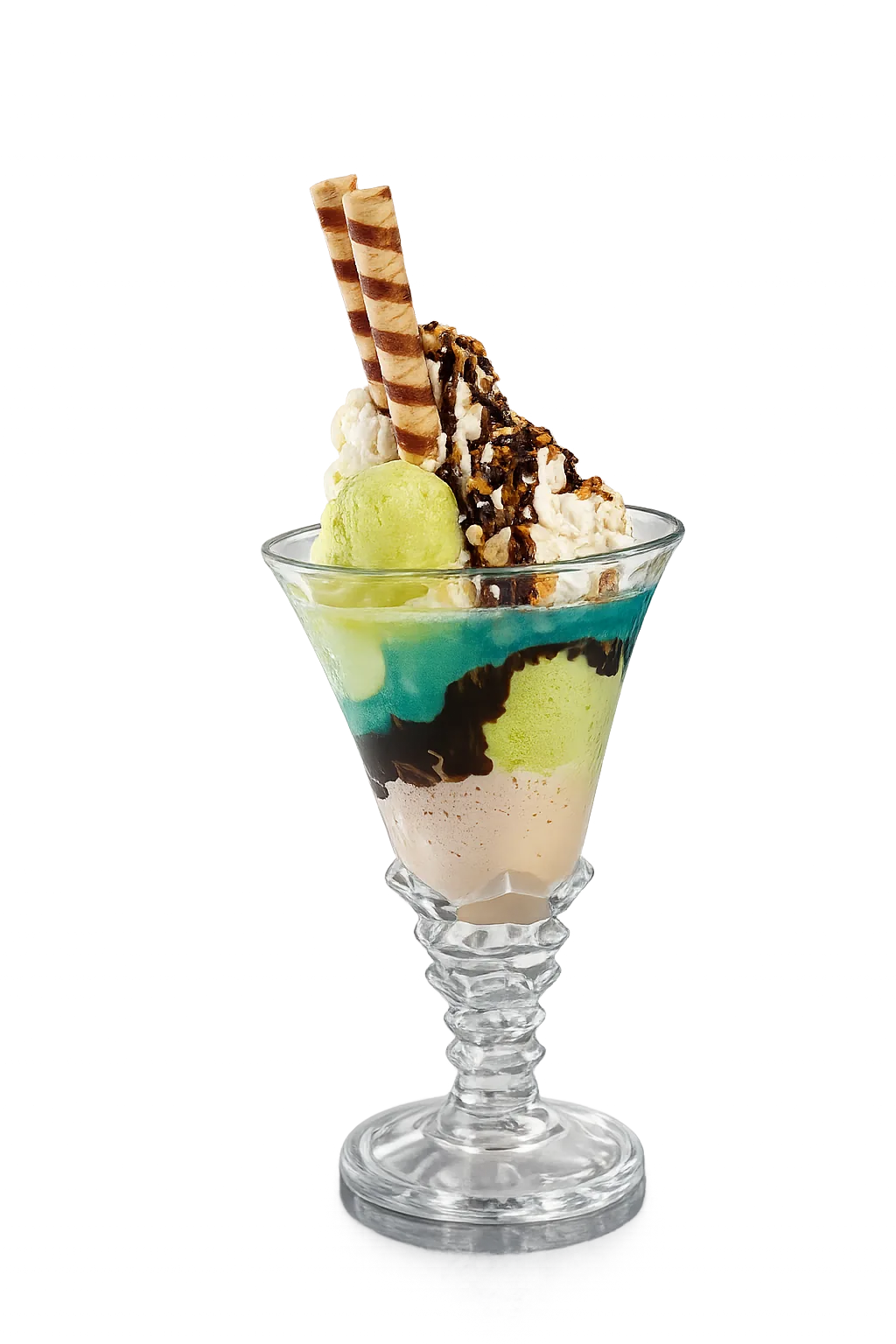 Ice cream dessert with green and beige scoops, chocolate syrup, and striped wafer sticks in a clear glass.