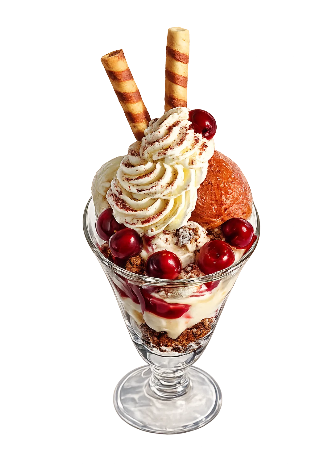 Dessert parfait with whipped cream, cherries, wafer sticks, ice cream, and cake in a glass cup.