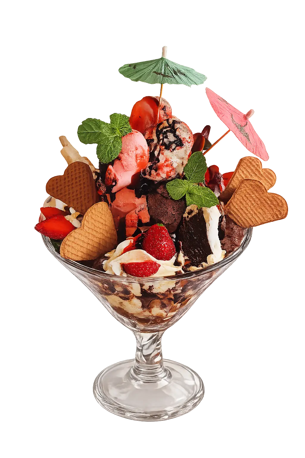 Glass dessert cup with chocolate and strawberry ice cream, strawberries, mint, wafer hearts, and cocktail umbrellas.