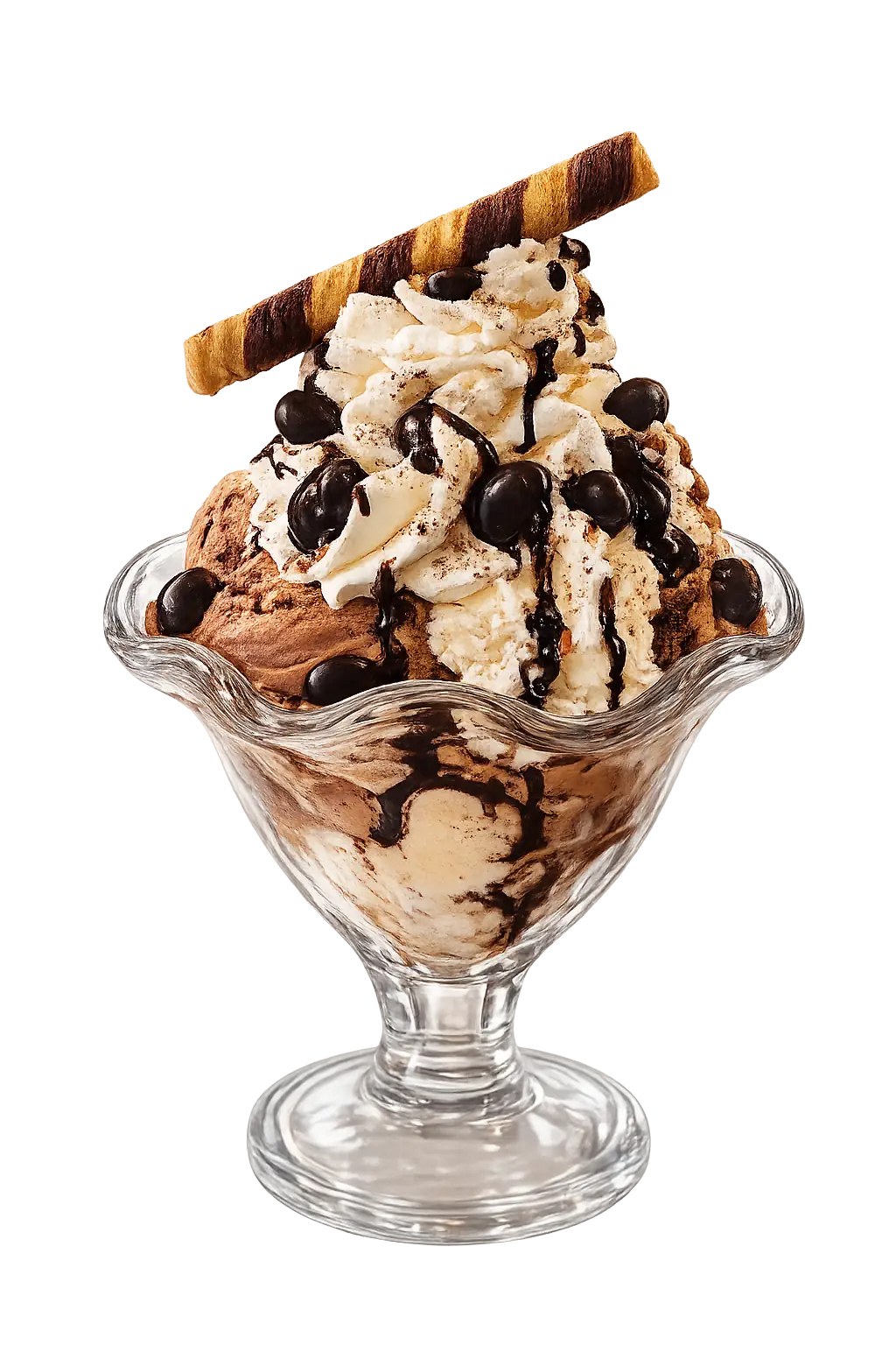 Chocolate and vanilla ice cream sundae with whipped cream, chocolate drizzle, beans, and a wafer stick in glass dish.