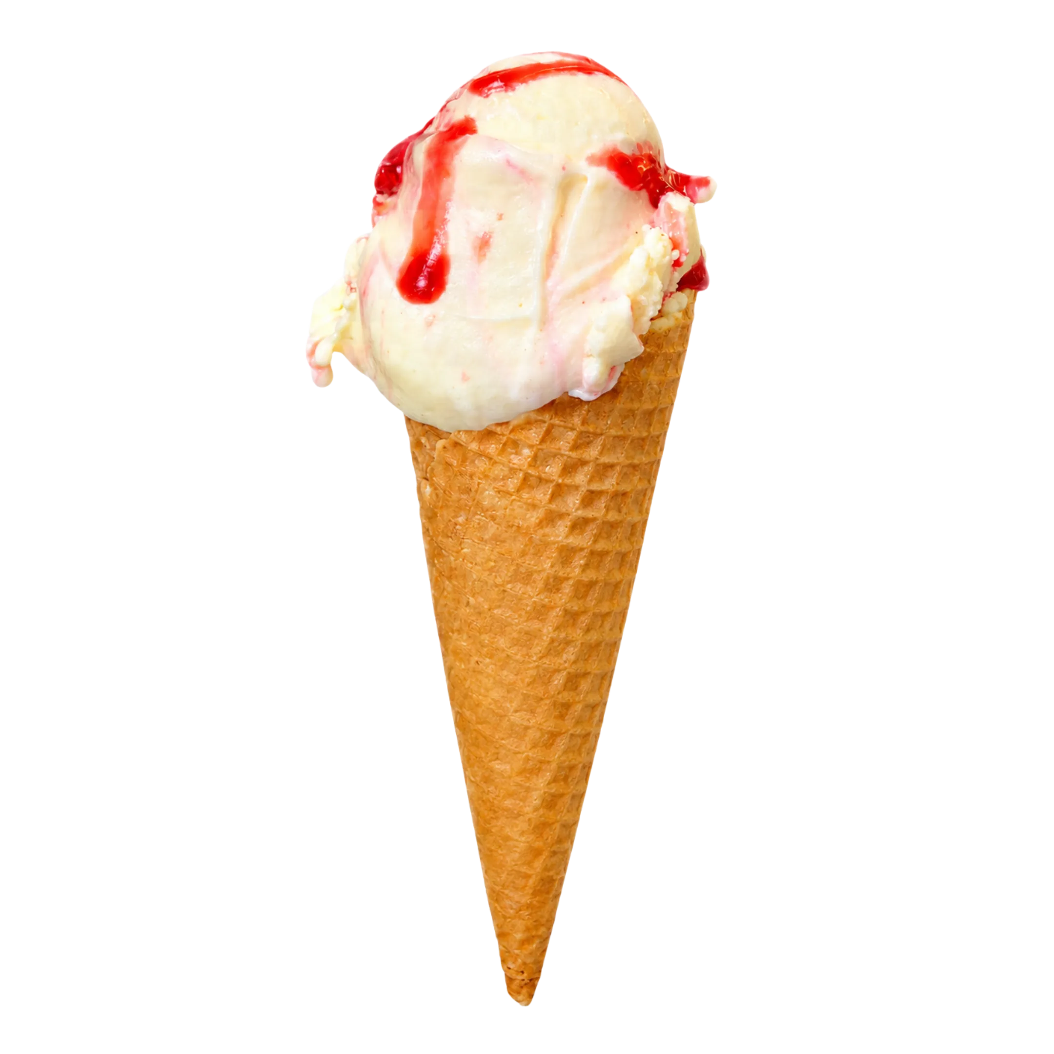 Ice cream cone with a scoop of creamy white ice cream topped with red syrup drizzle.