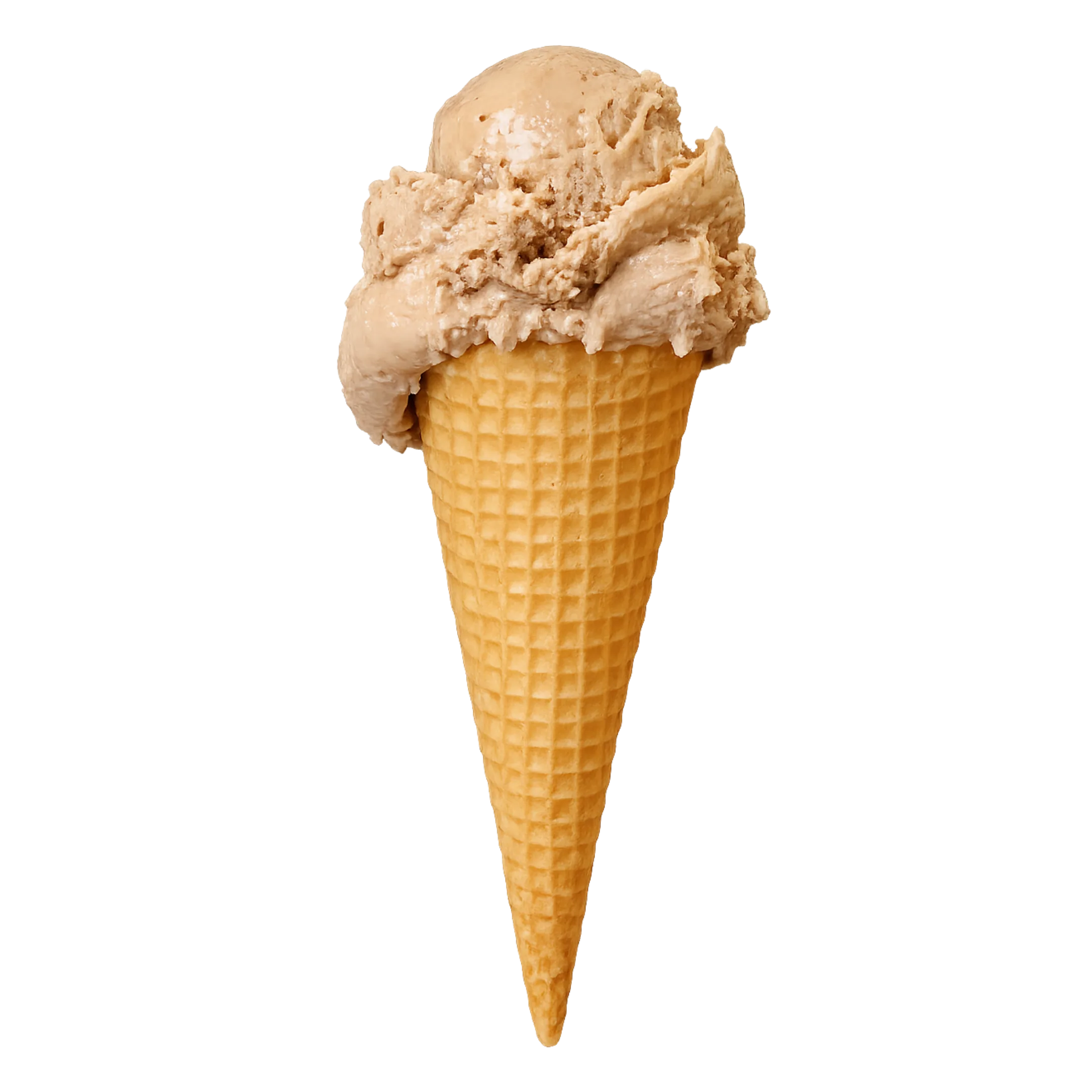 Single scoop of light brown ice cream in a waffle cone on a black background.