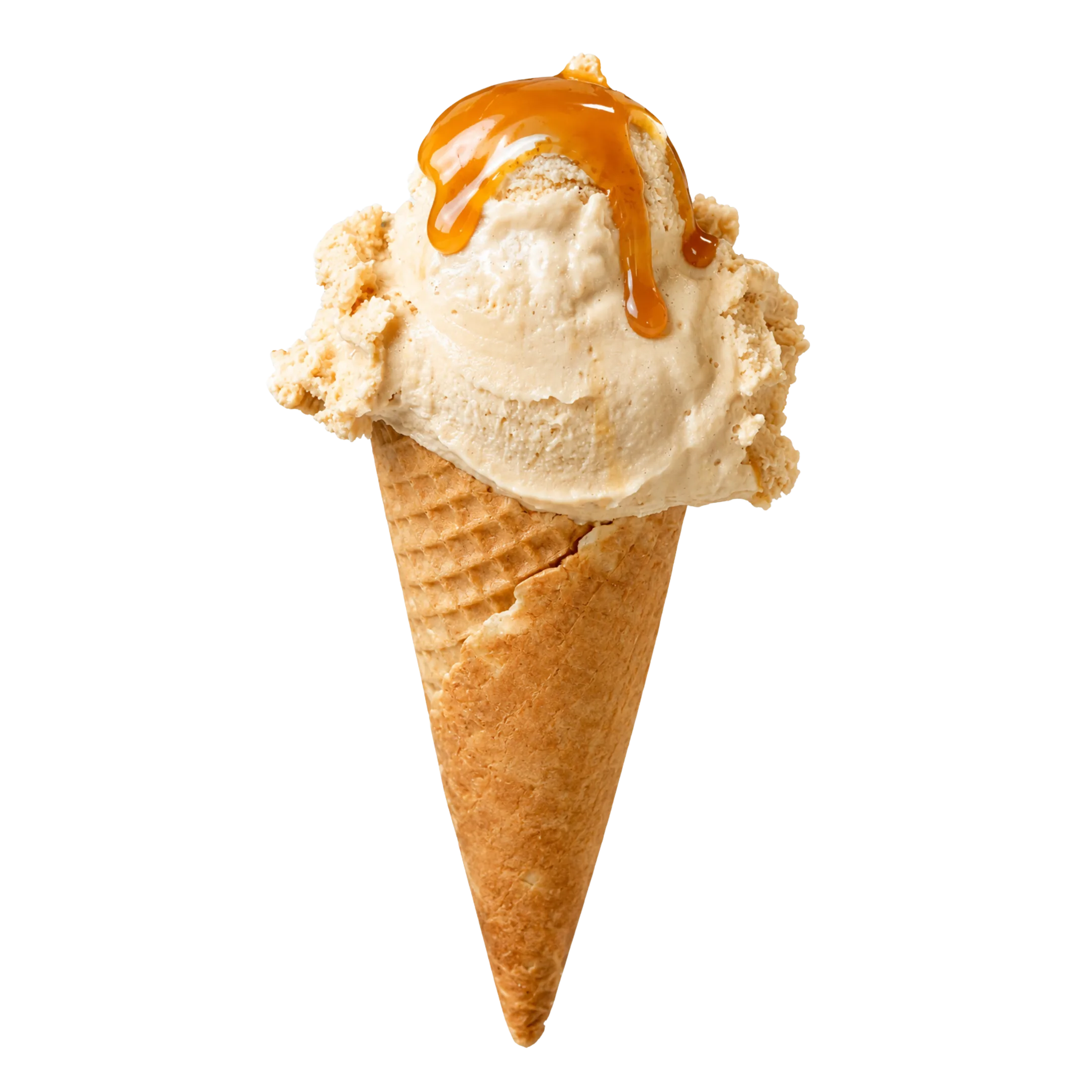Waffle cone with a scoop of caramel ice cream topped with caramel sauce.