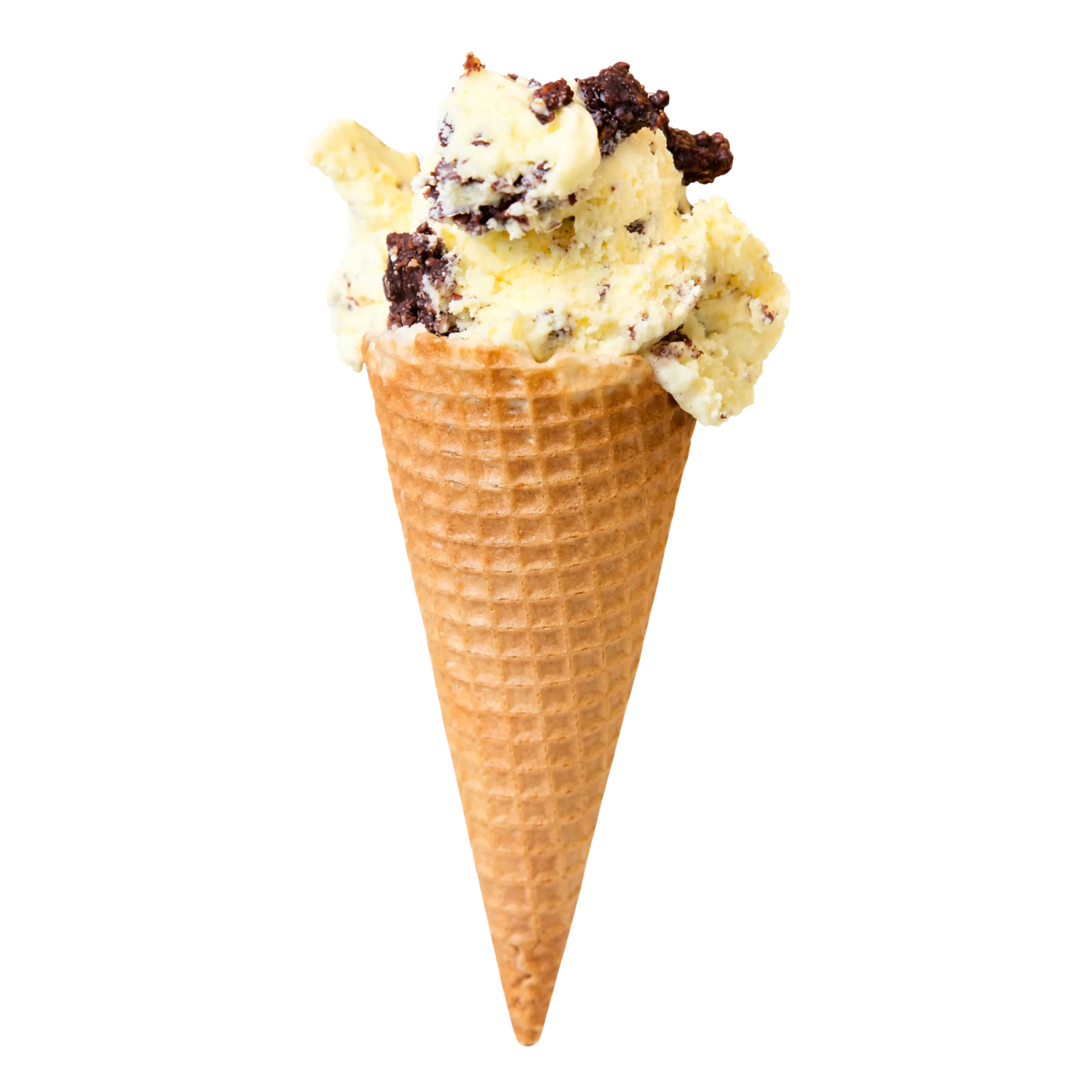 Waffle cone holding cookie dough ice cream with chocolate chunks on a black background.