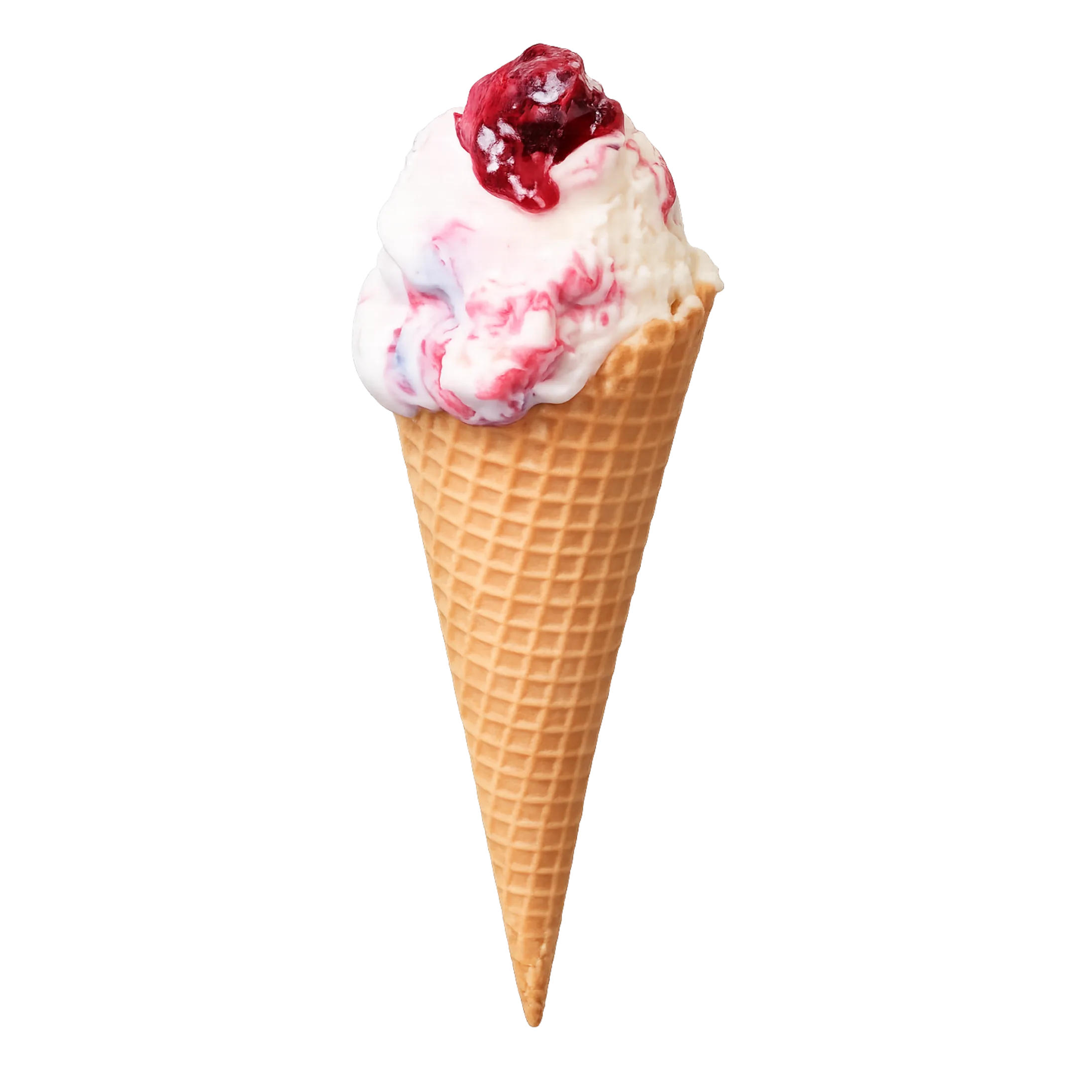 Ice cream cone with white and red swirled ice cream topped with cherry sauce.