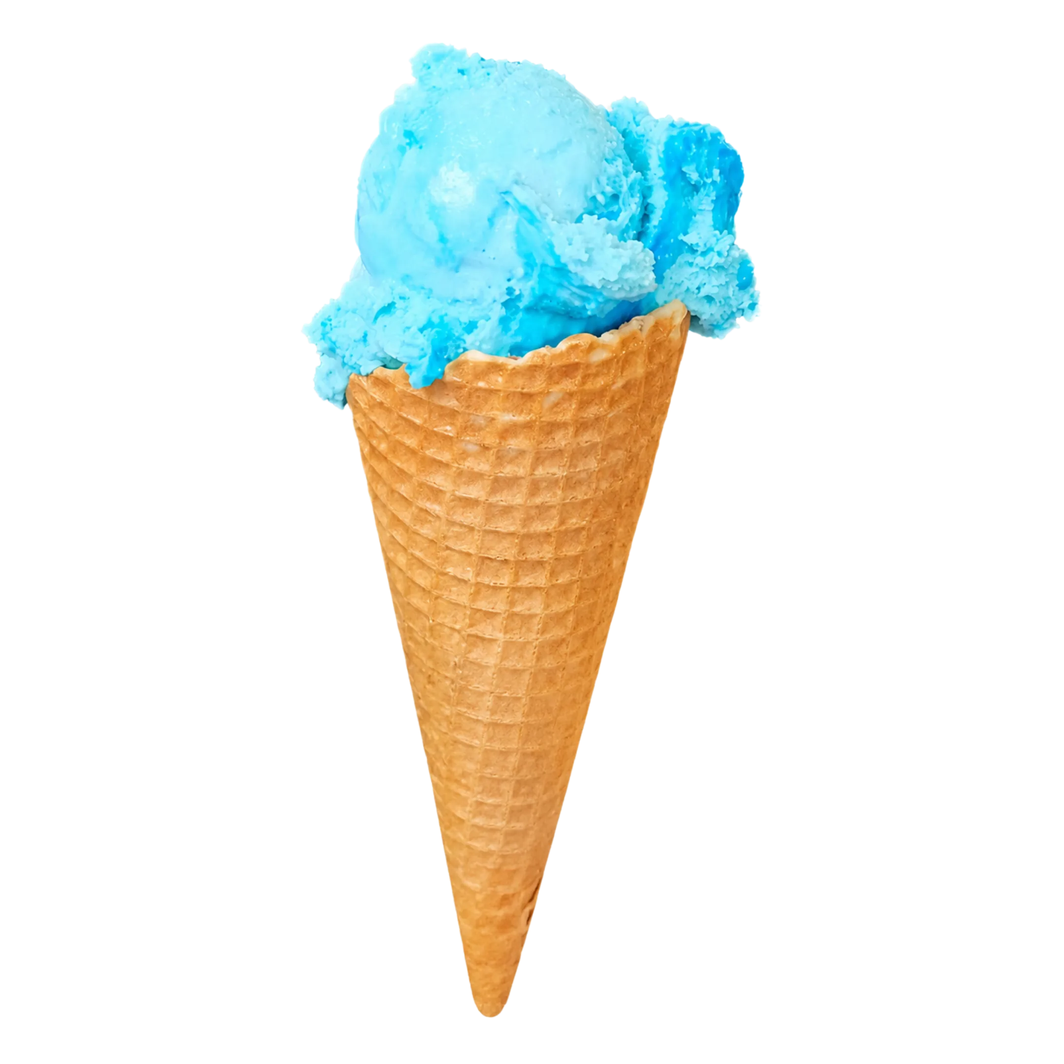 Blue ice cream scoop in a waffle cone on a black background.