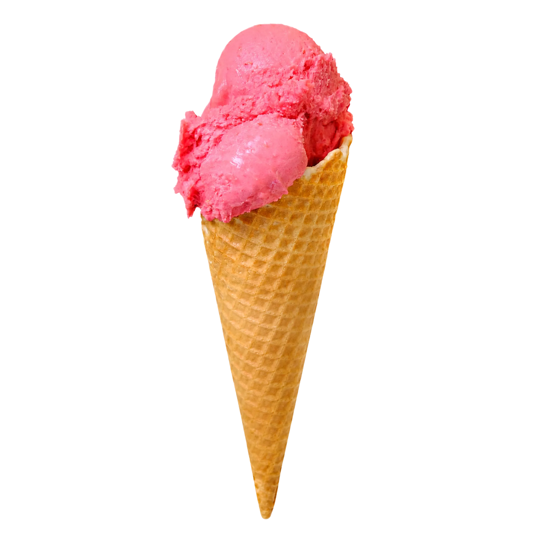 Waffle cone with two scoops of pink raspberry sorbet ice cream on black background.