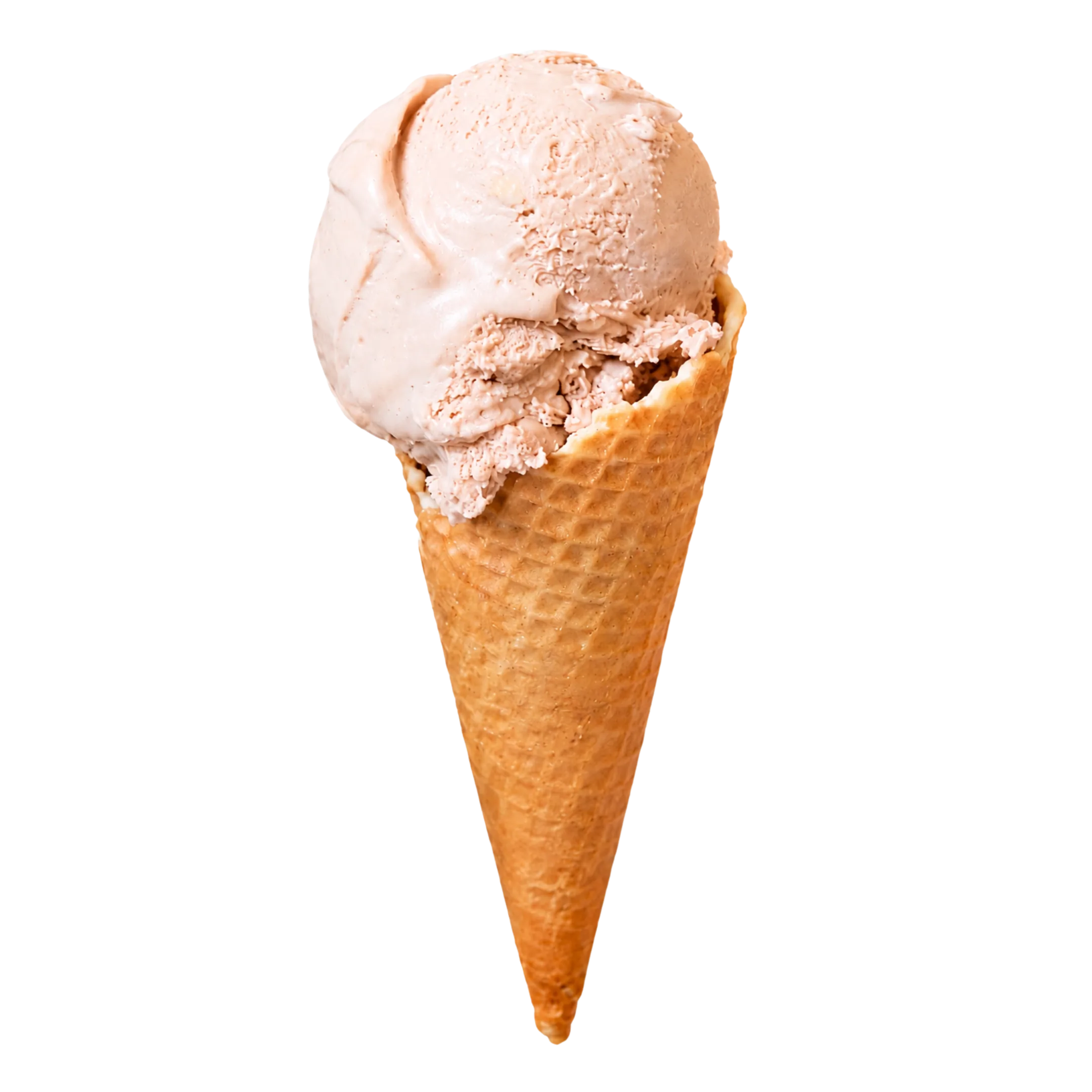 Single scoop of light brown ice cream in a waffle cone on a black background.