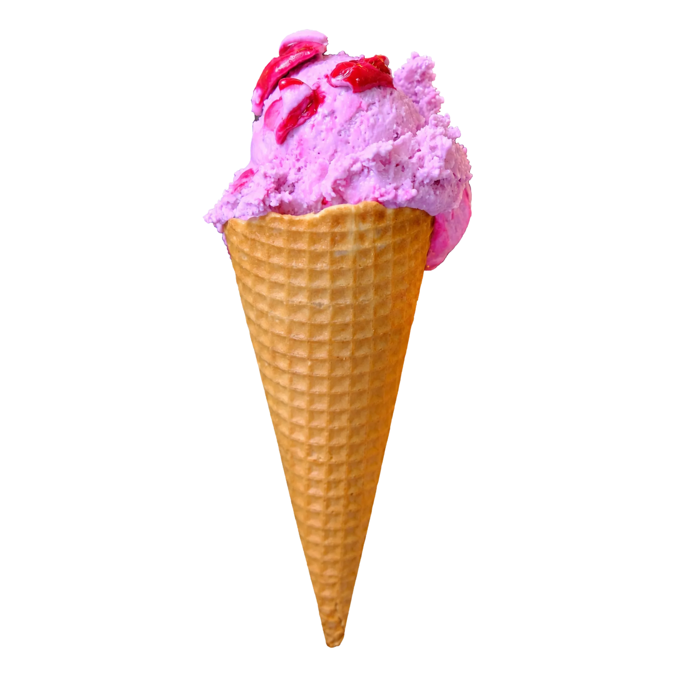 Waffle cone with a scoop of pink ice cream topped with red fruit pieces.