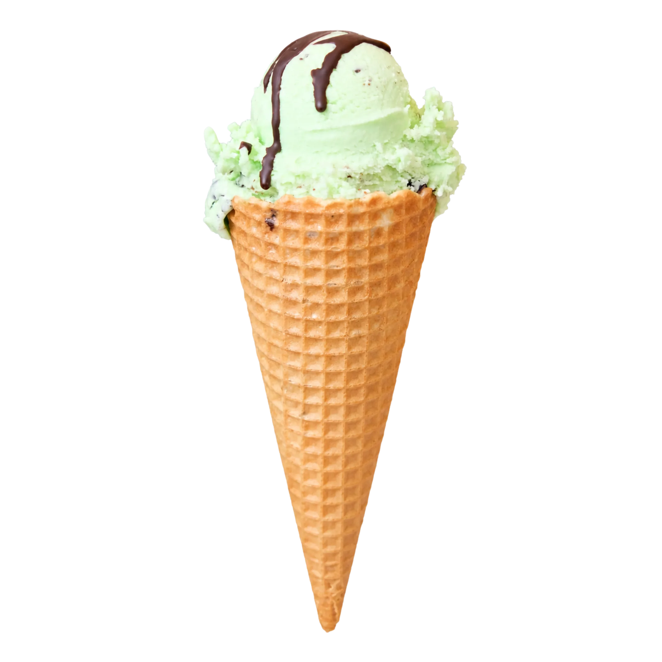 Mint chocolate chip ice cream scoop with chocolate drizzle in a waffle cone.