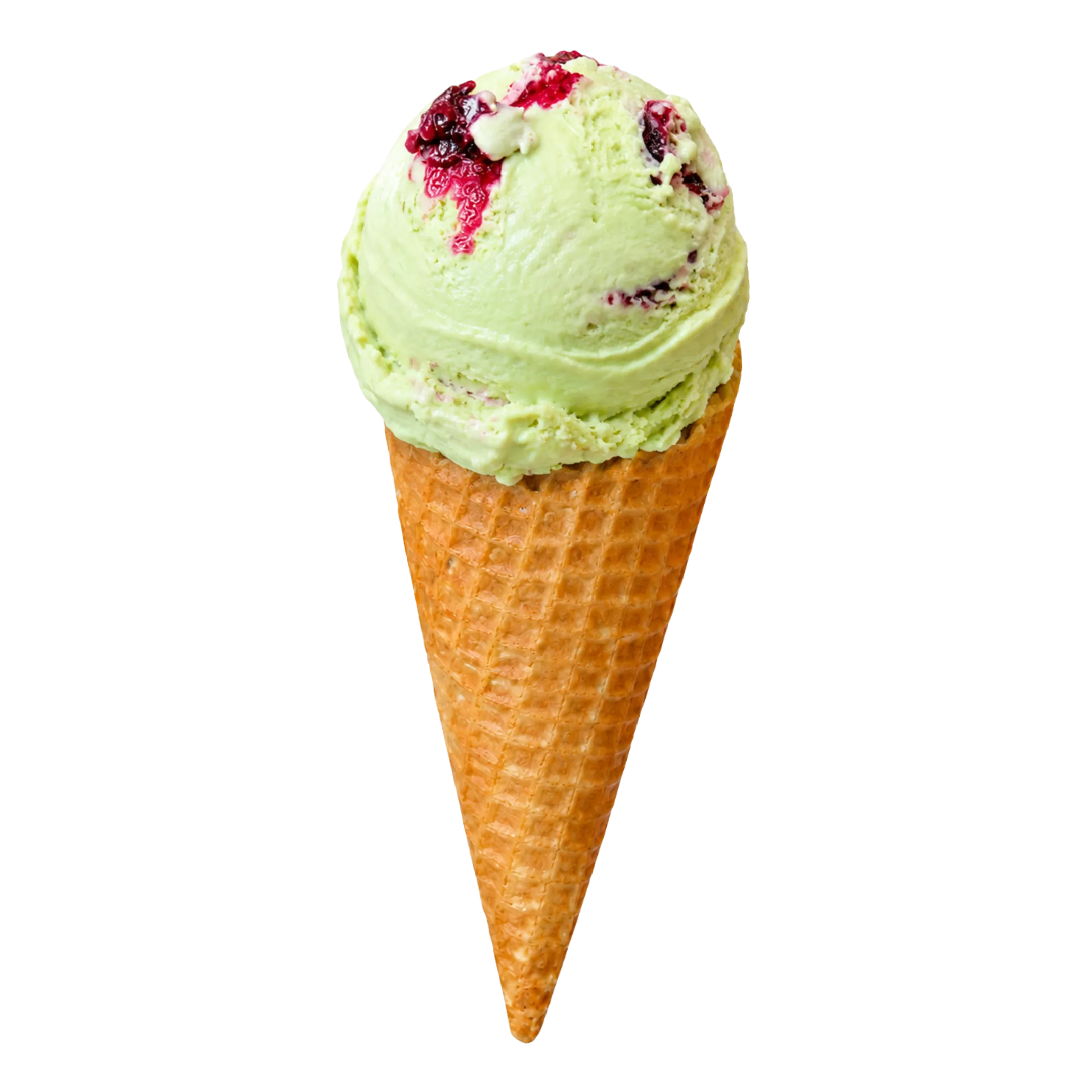 Single scoop of pale green ice cream with red berry swirls in a waffle cone.