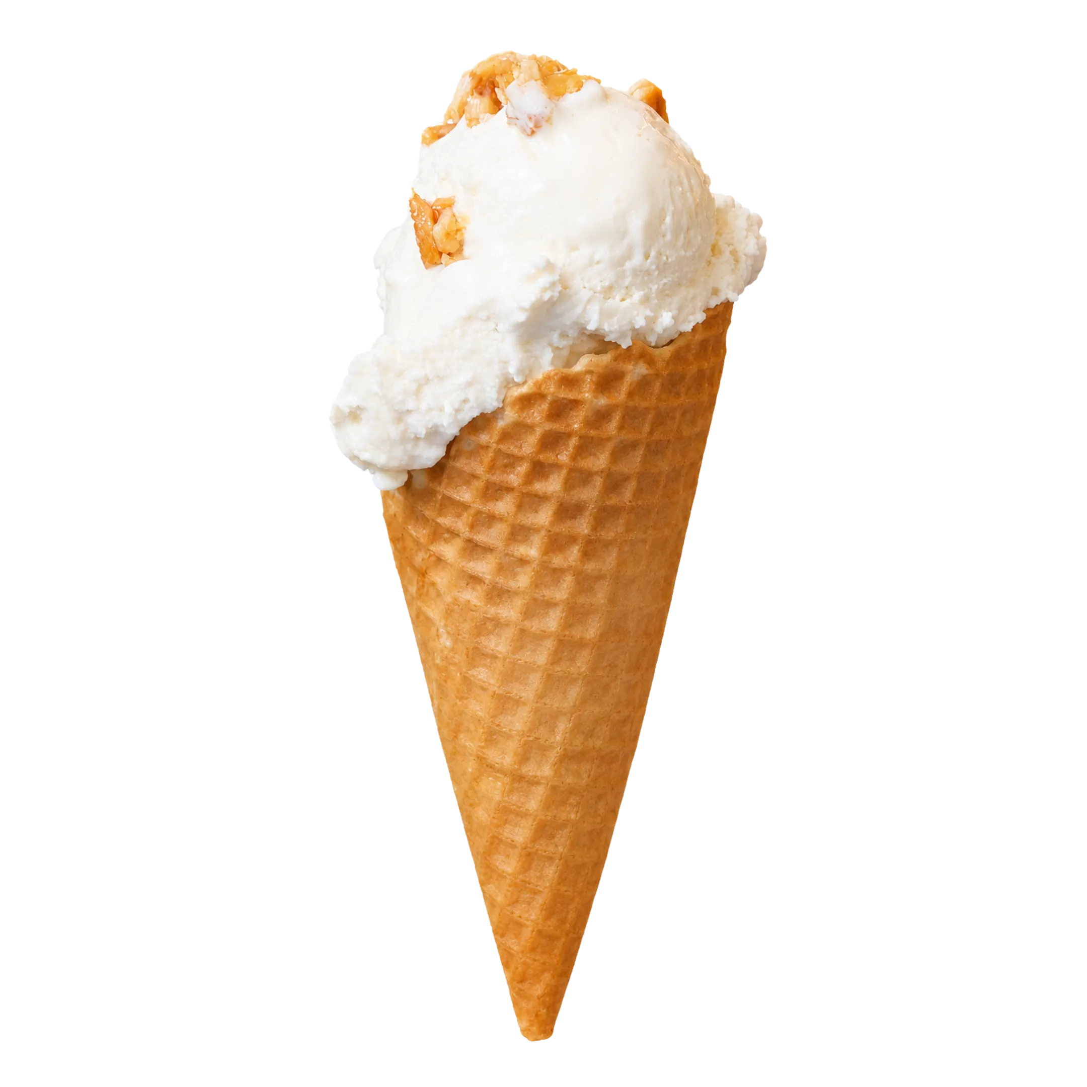 Waffle cone with a scoop of white ice cream with nut pieces on top.