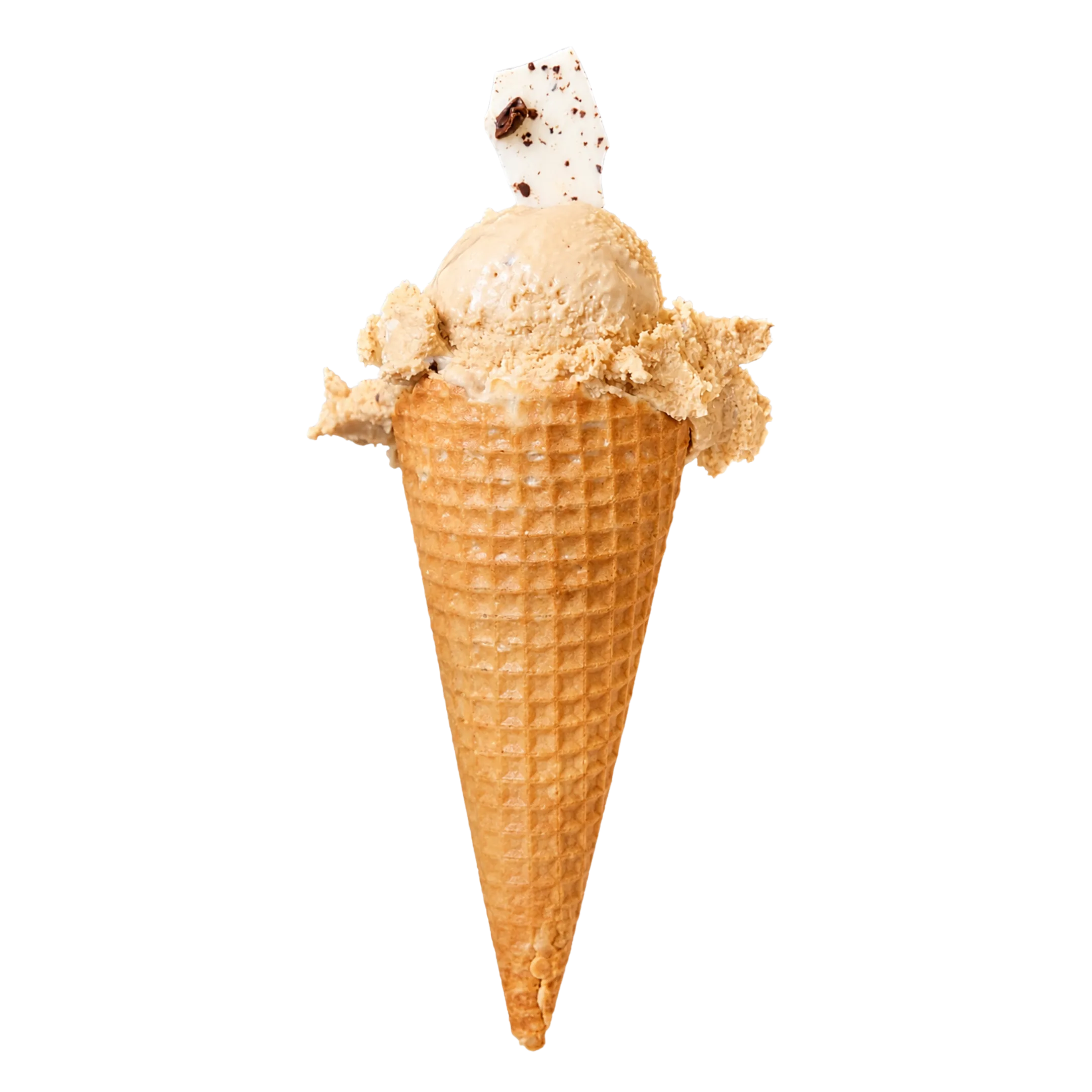 Single scoop of light brown ice cream in a waffle cone topped with a white chocolate piece with coffee bean bits.