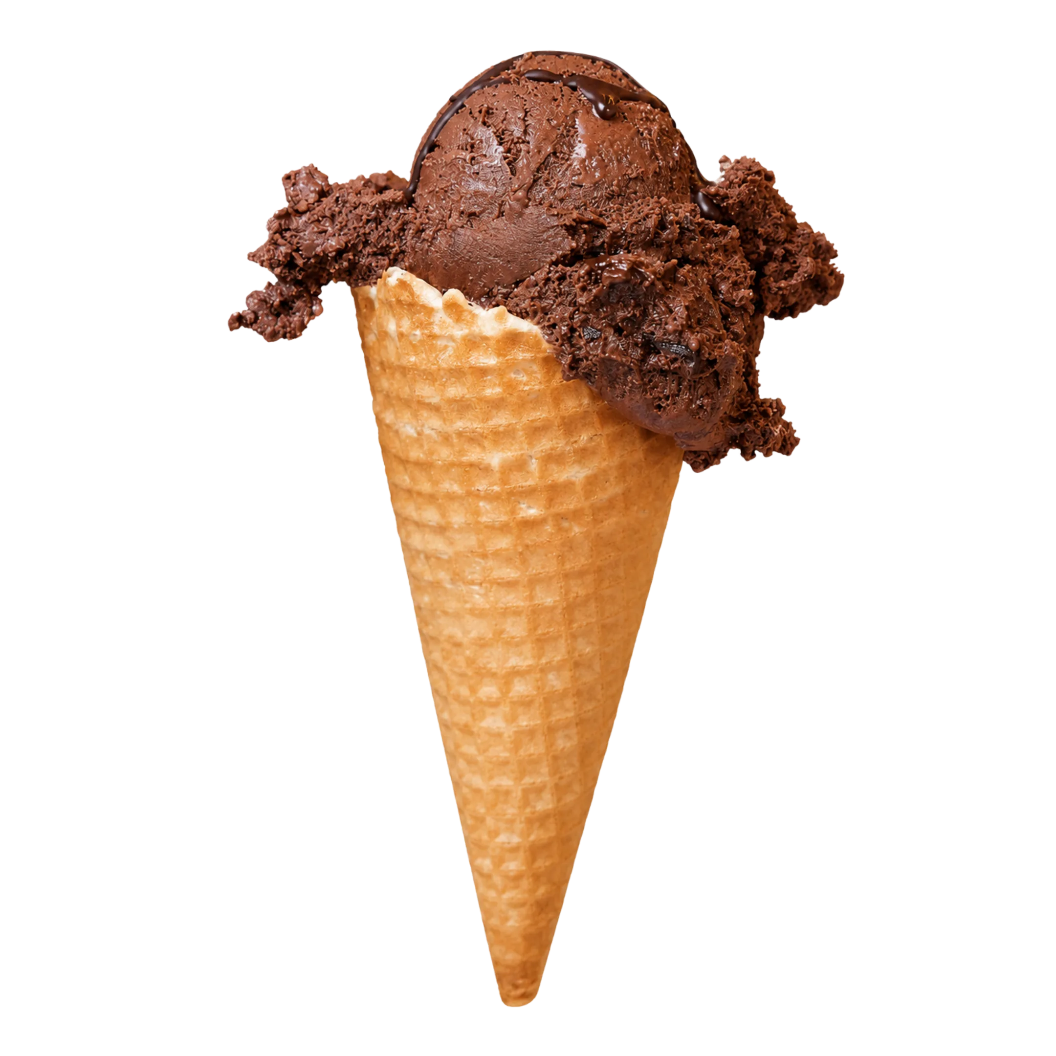 Chocolate ice cream scoop in a waffle cone with textured edges and a smooth top.