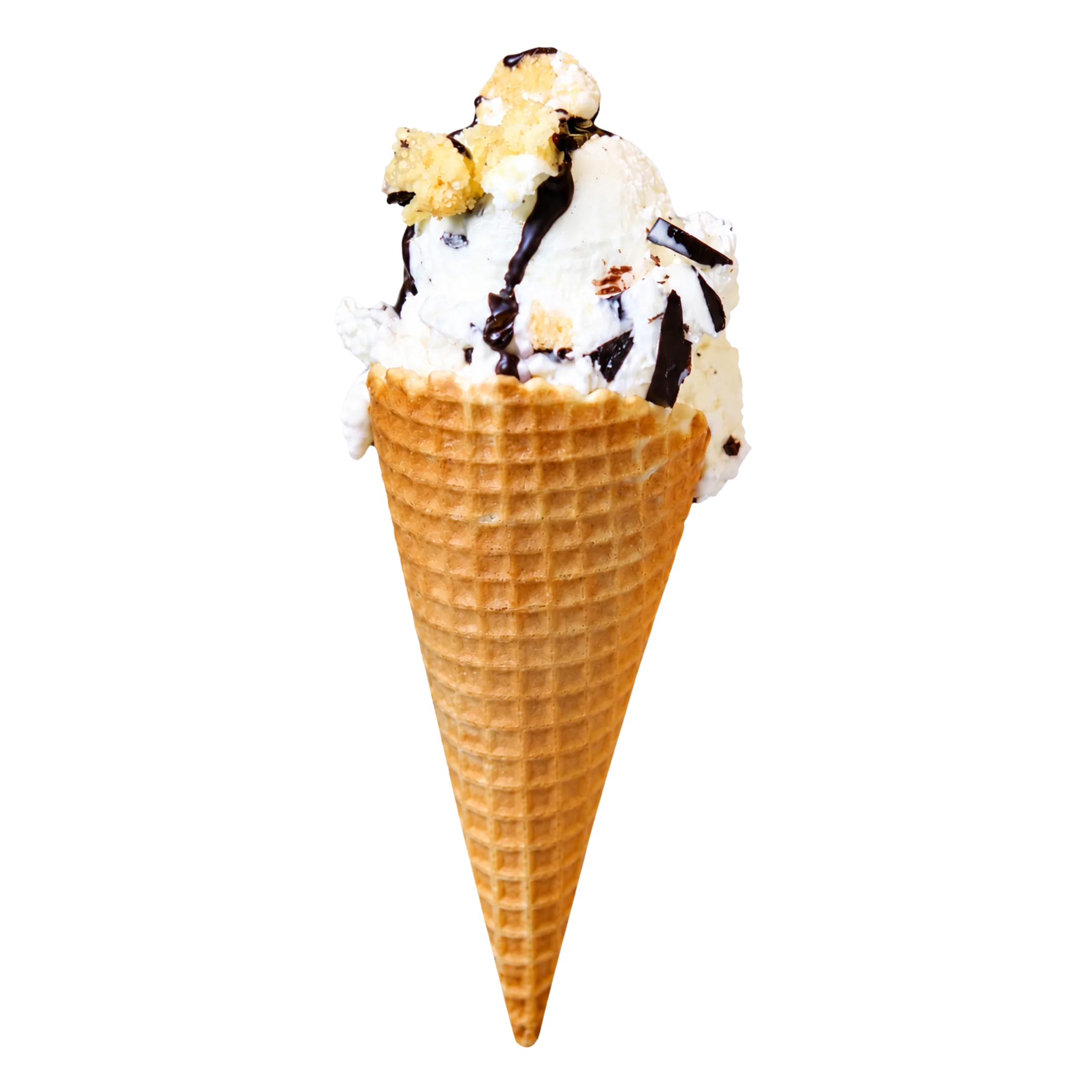 Ice cream cone with white ice cream, chocolate drizzle, and cookie crumble topping.
