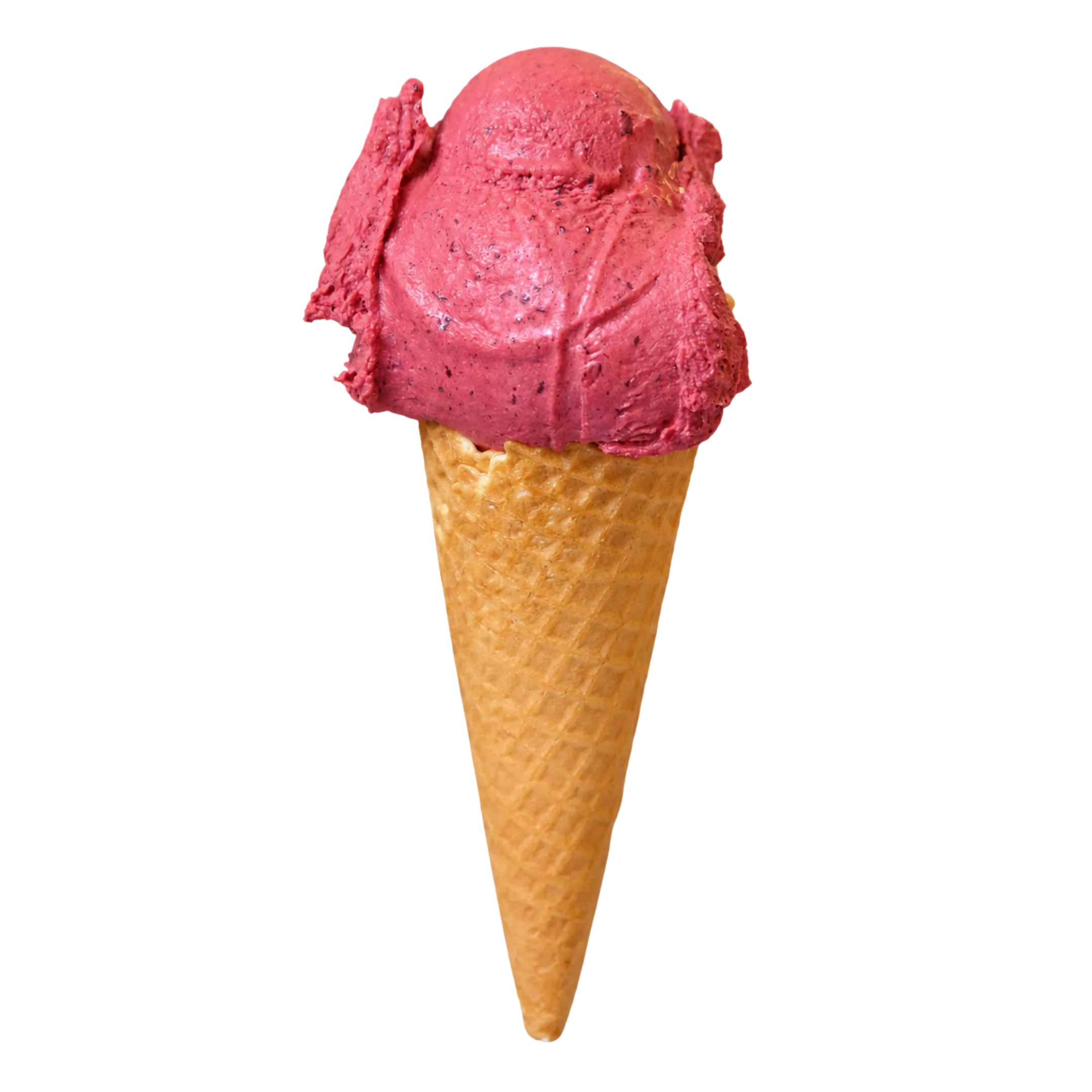 Waffle cone holding a scoop of dark purple berry sorbet on a transparent background.