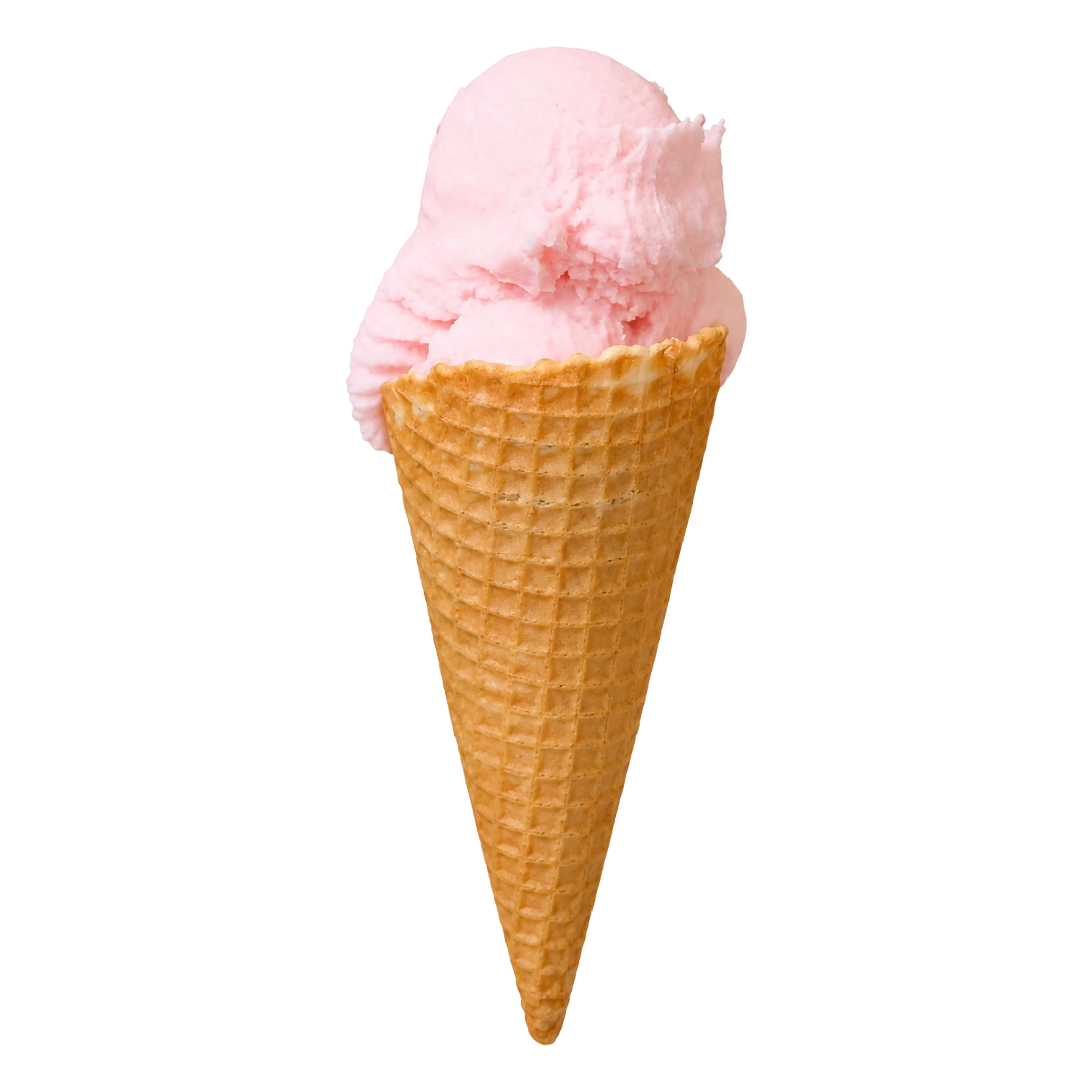 Pink ice cream scoop in a golden waffle cone on a black background.