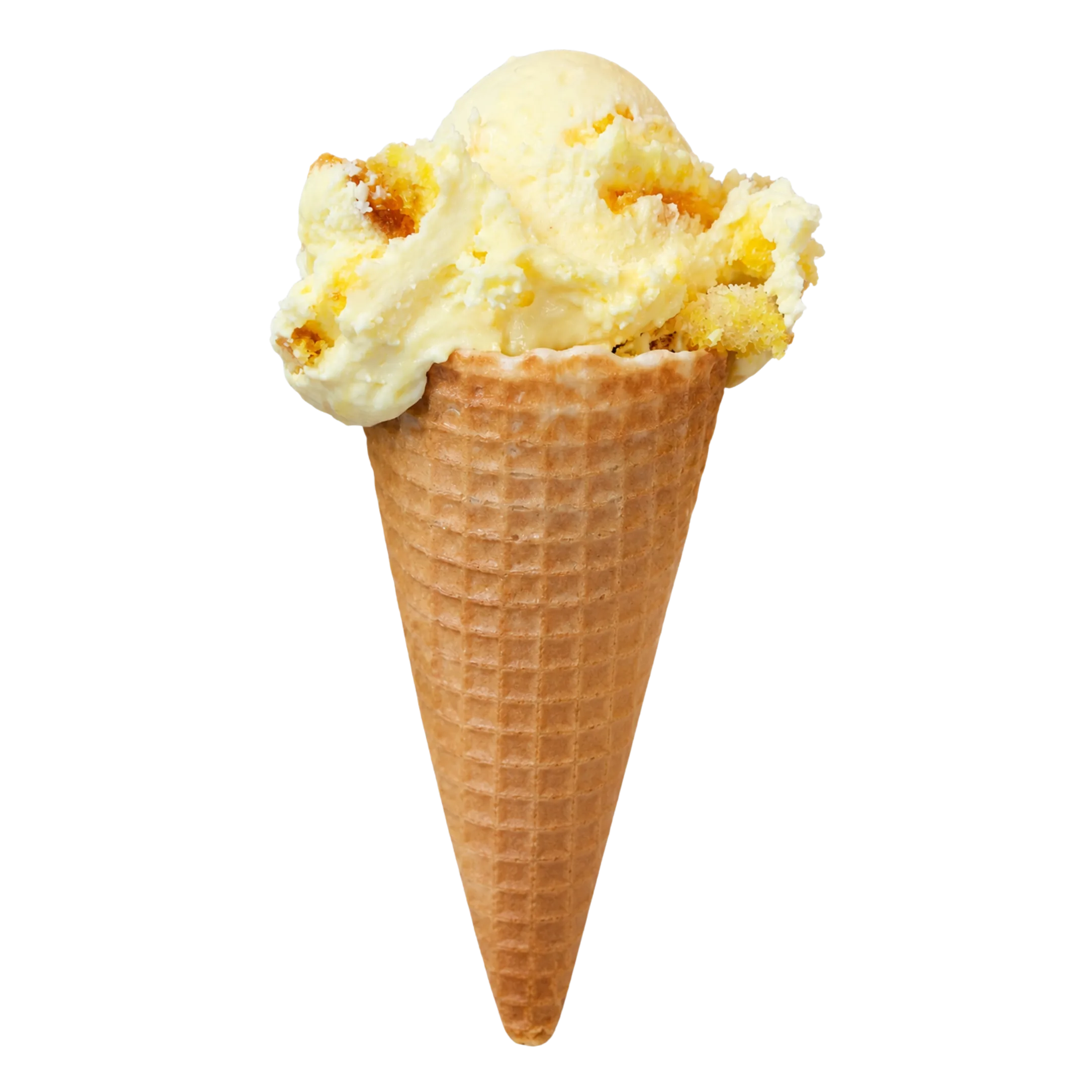 Scoops of creamy lemon ice cream with cake pieces in a waffle cone on black background.