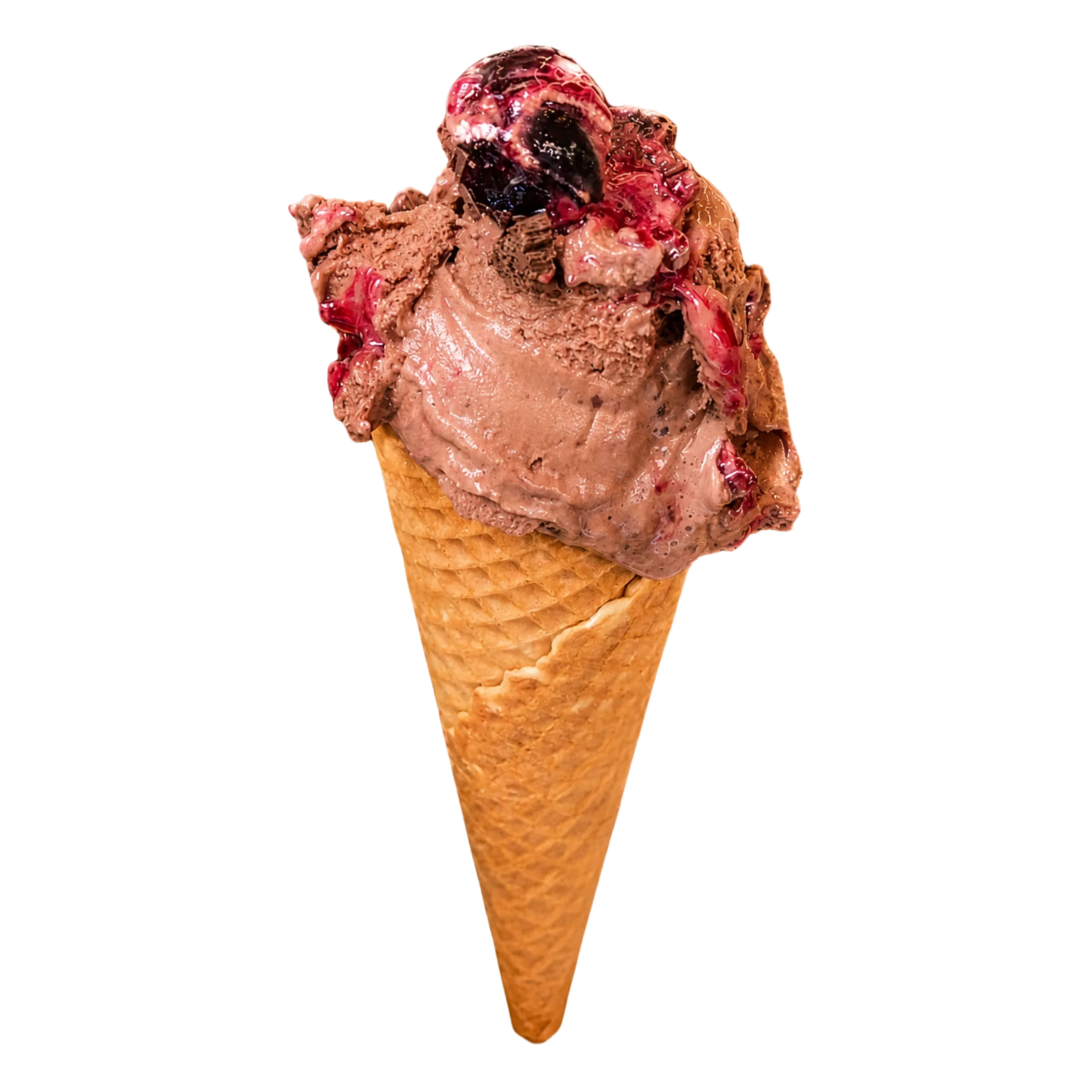 Chocolate ice cream cone with cherry swirl topping on a black background.