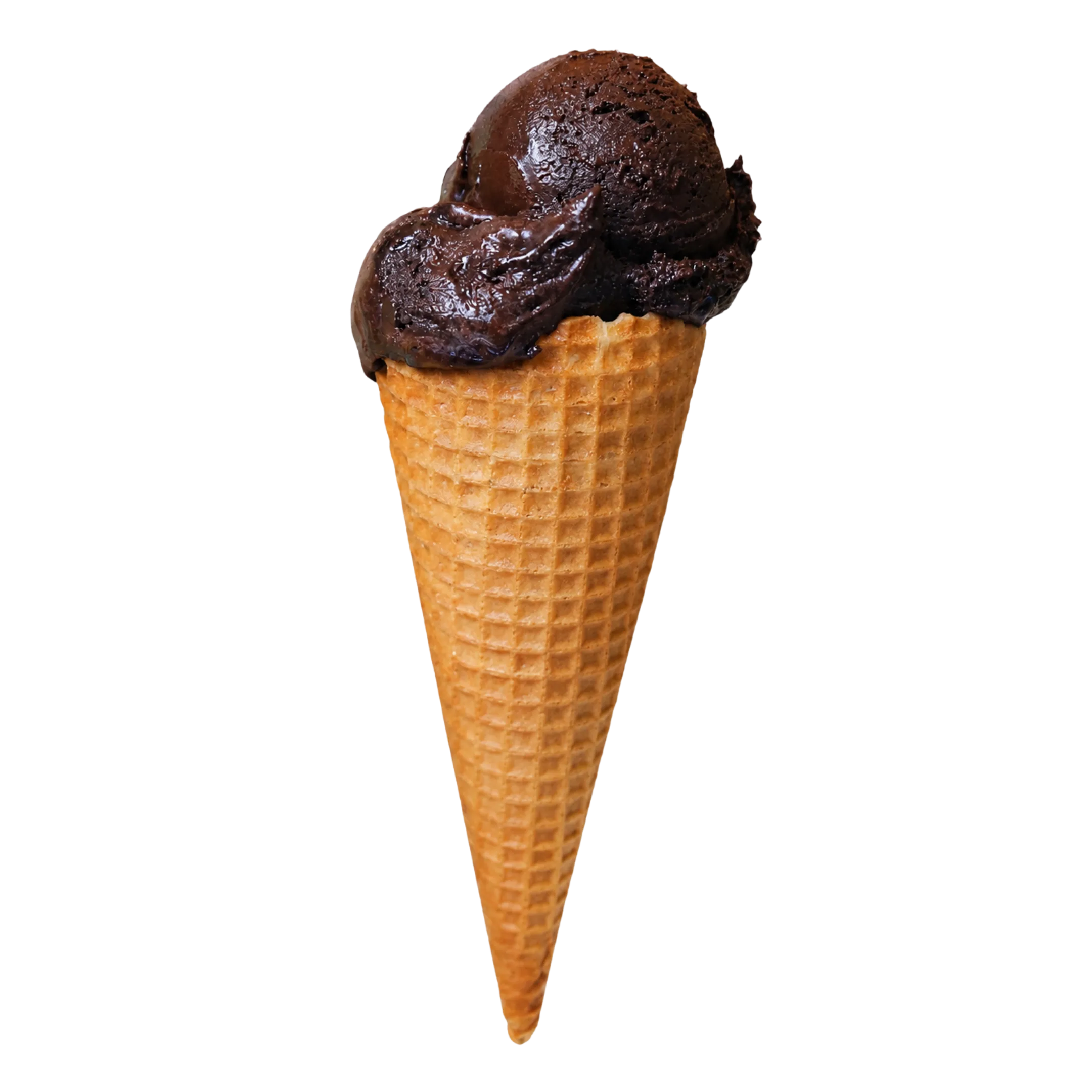 Waffle cone with two scoops of rich dark chocolate ice cream on black background.