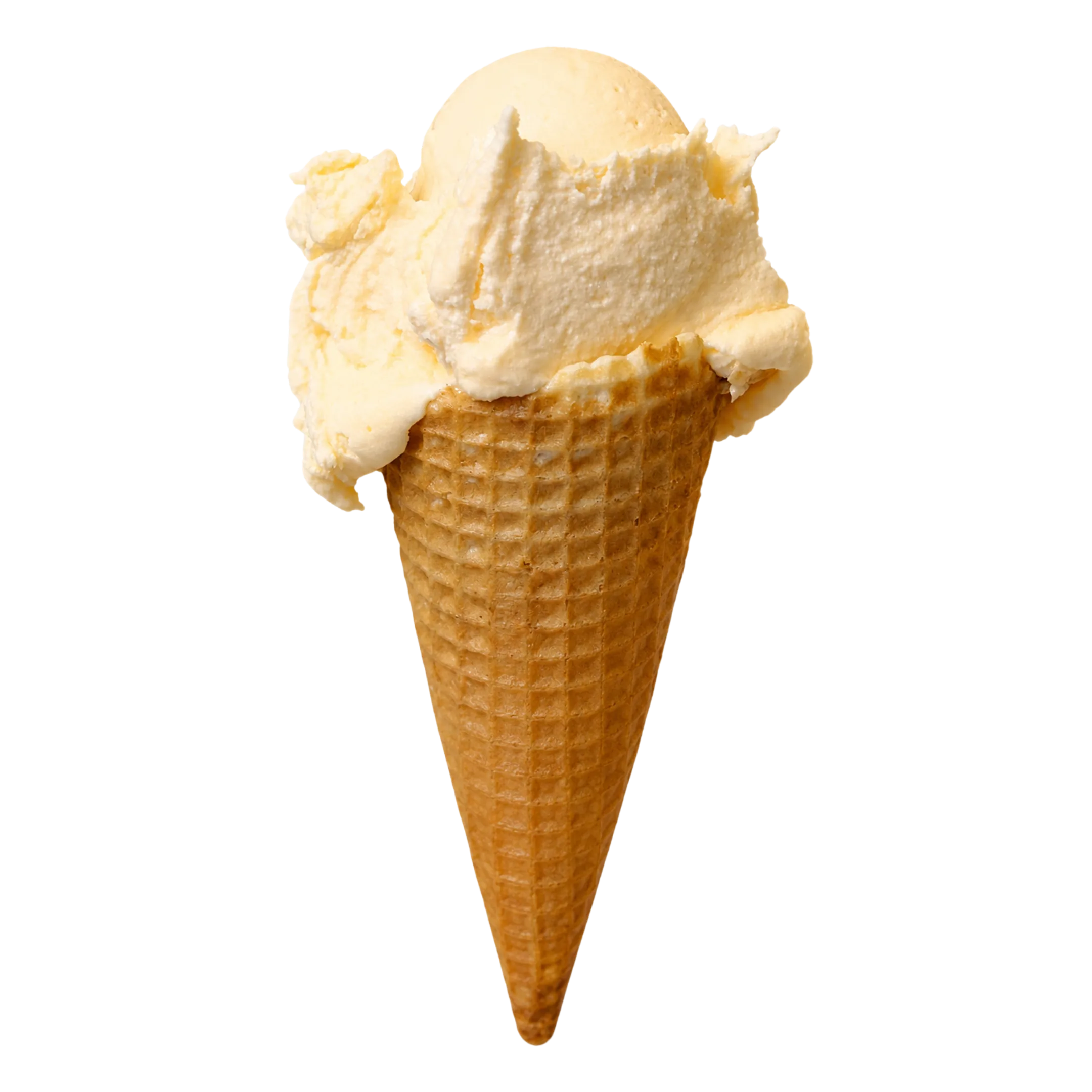 Single scoop of pale yellow ice cream in a textured waffle cone on a black background.
