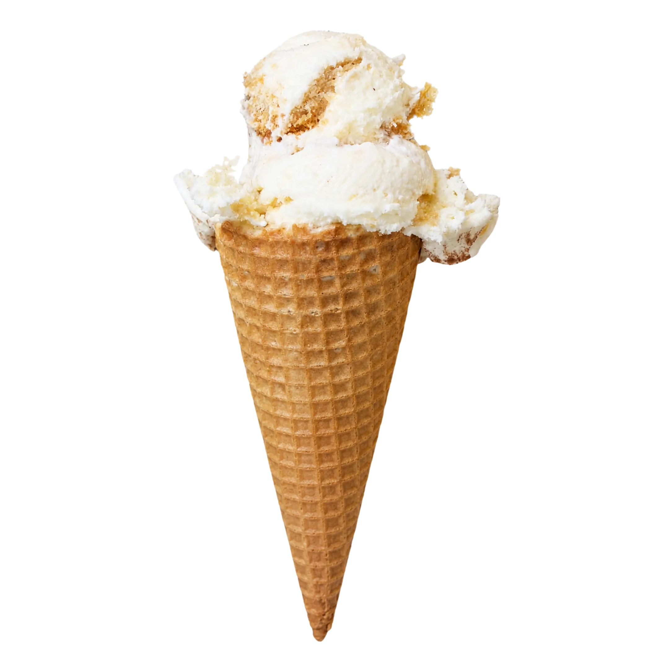 Waffle cone with scoops of white and beige marbled ice cream.