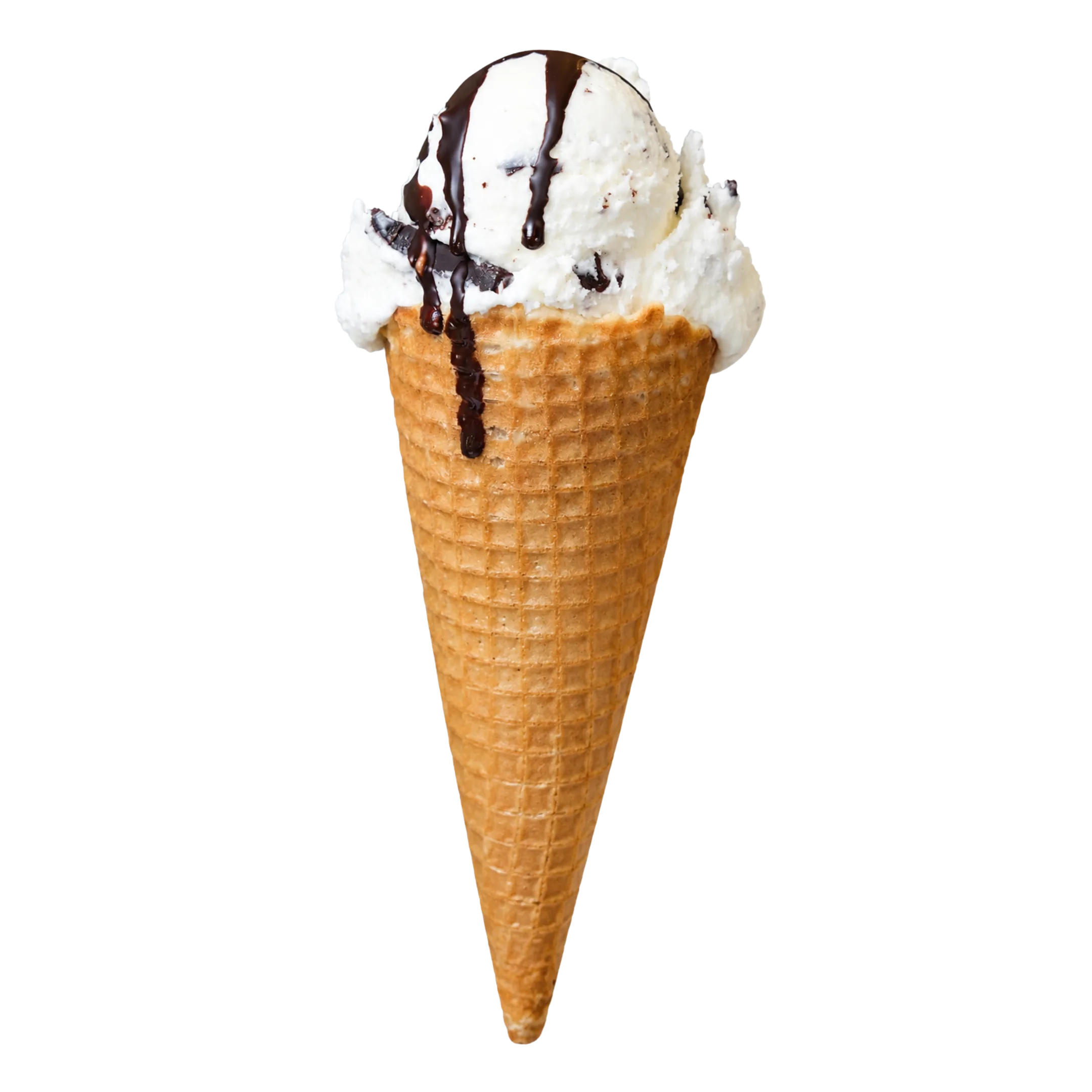 Stracciatella ice cream scoop with chocolate syrup in a waffle cone on black background.