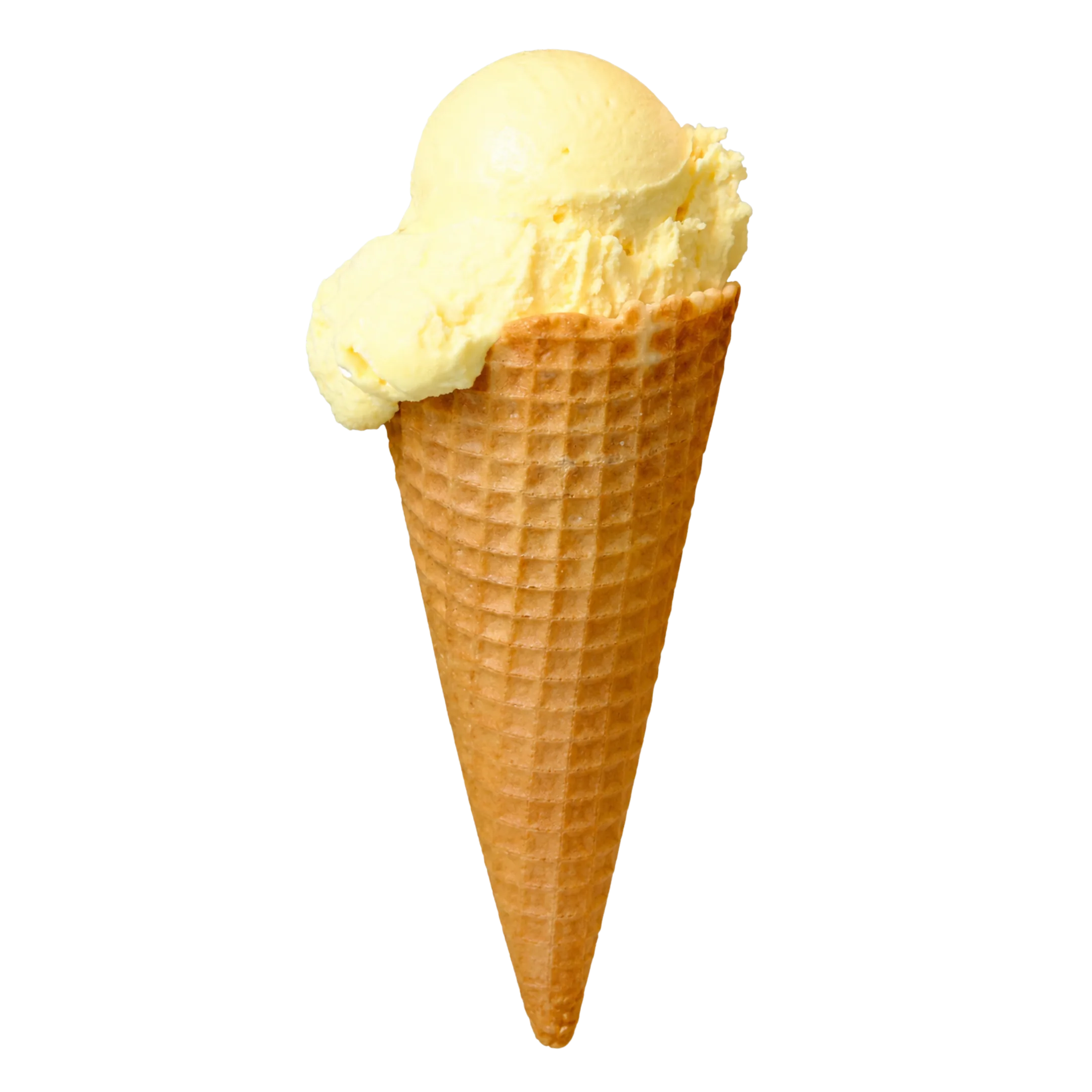 Single scoop of pale yellow ice cream in a waffle cone on black background.