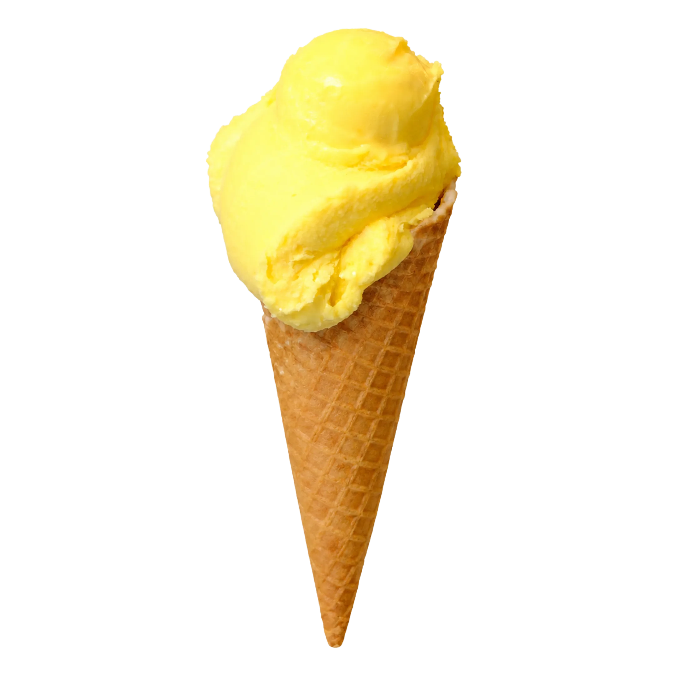 Yellow mango sorbet scoop in a waffle cone on a black background.