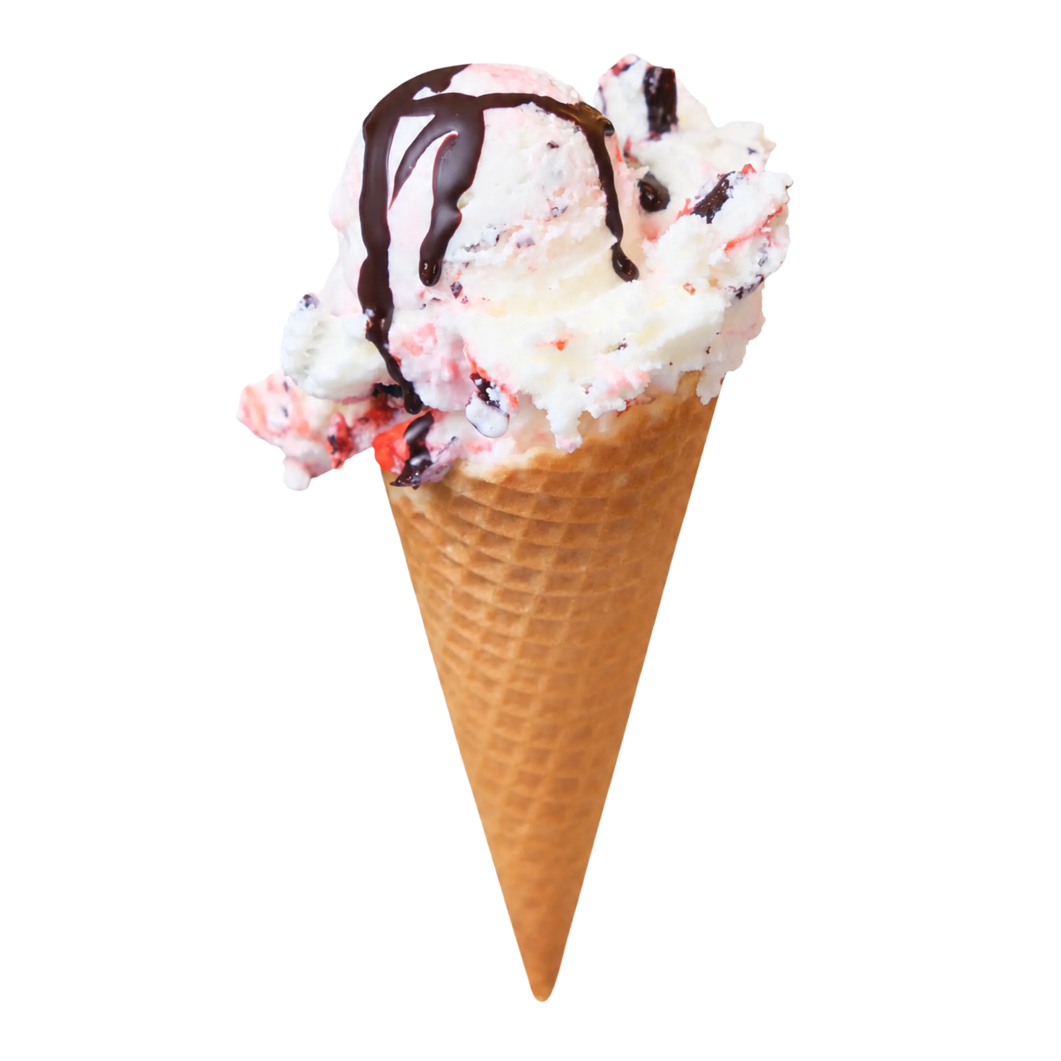 Ice cream cone with white and red swirled ice cream topped with chocolate syrup.