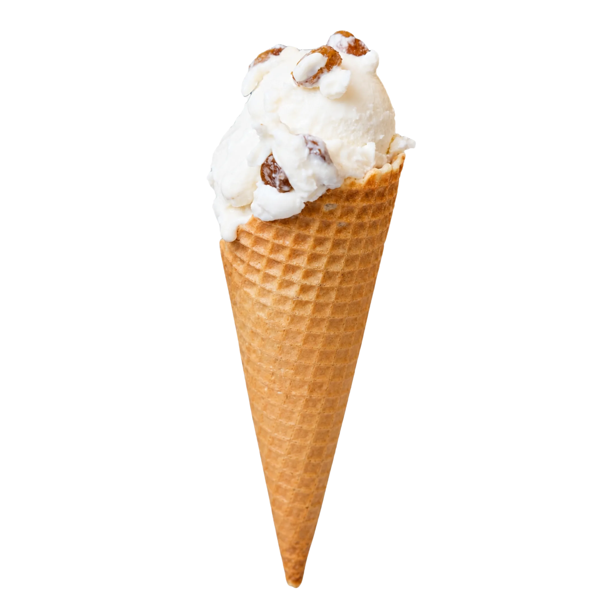 Ice cream cone with white ice cream and raisins on top.