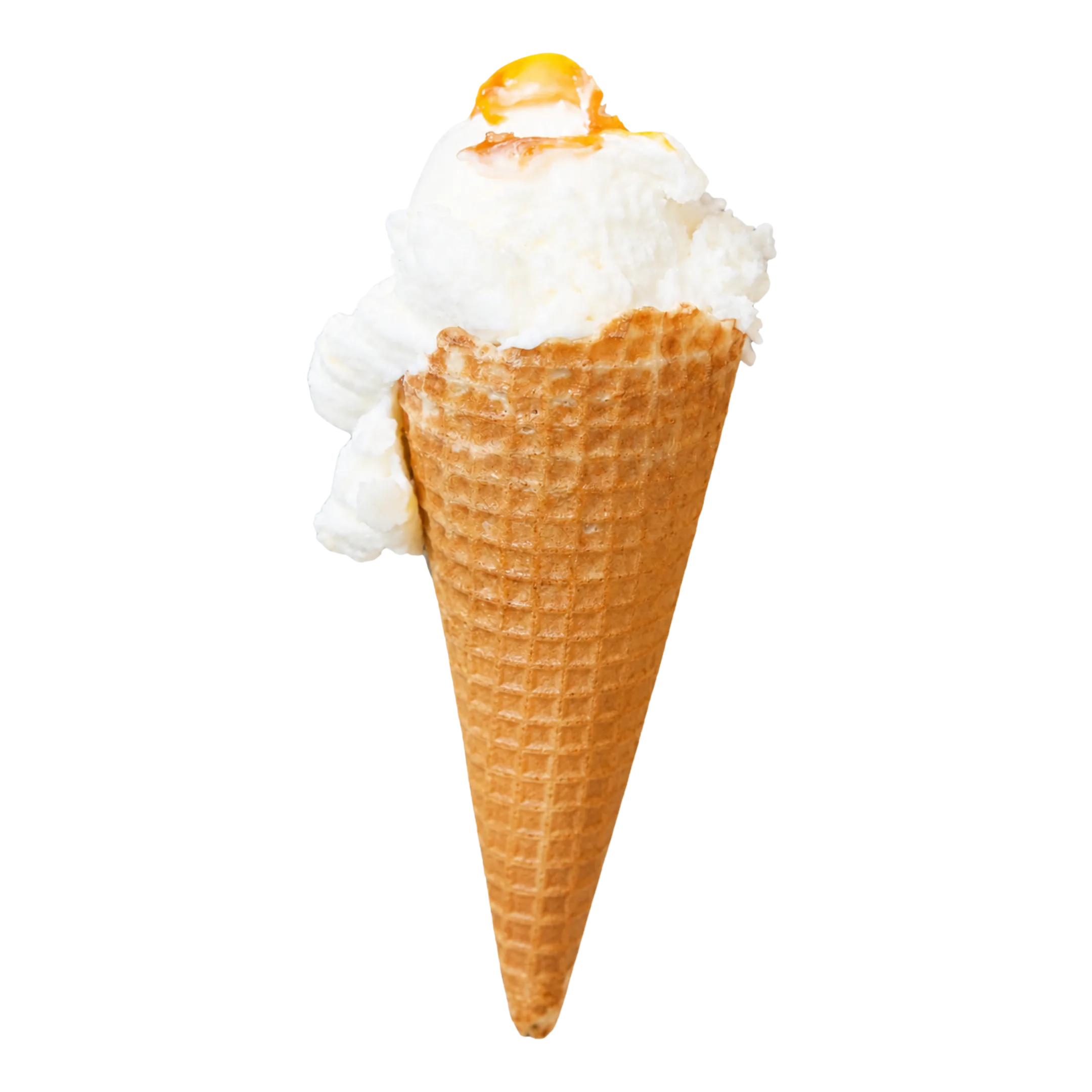Waffle cone with a scoop of white ice cream topped with orange sauce.