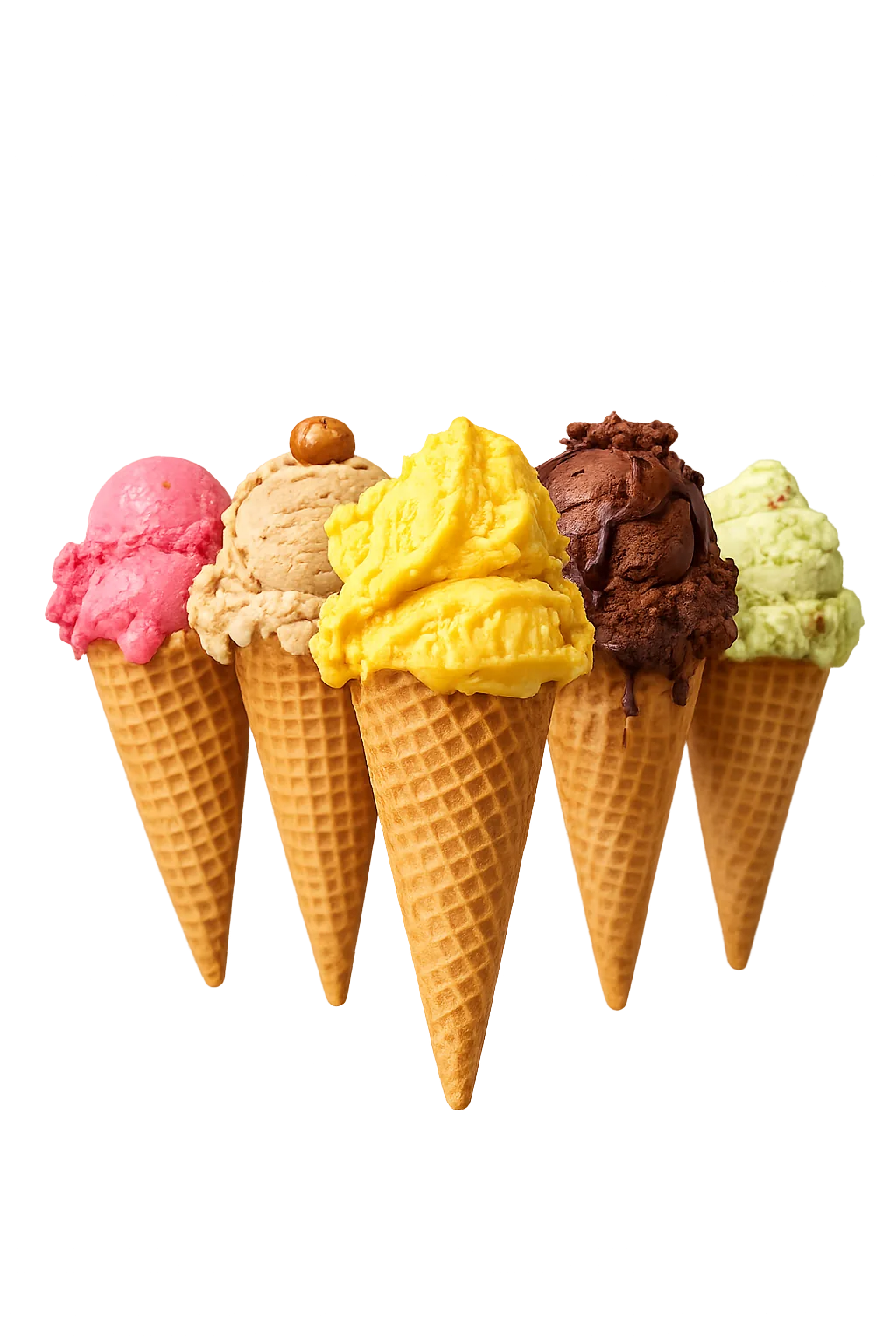 Five waffle cones with pink, beige, yellow, chocolate, and pistachio ice cream scoops.