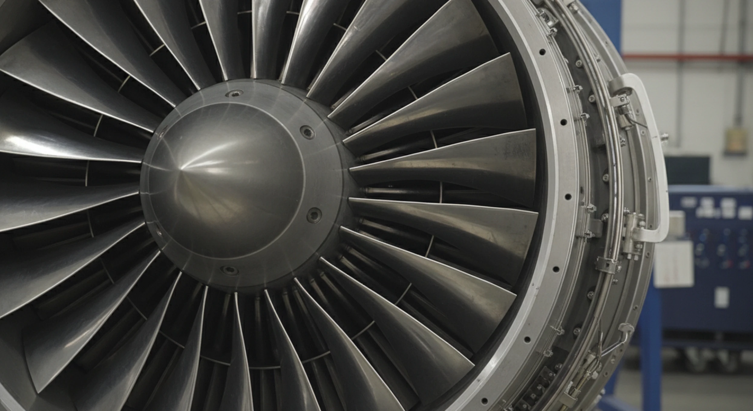 Close-up of a large metallic aircraft jet engine turbine with blades arranged in a circular pattern.