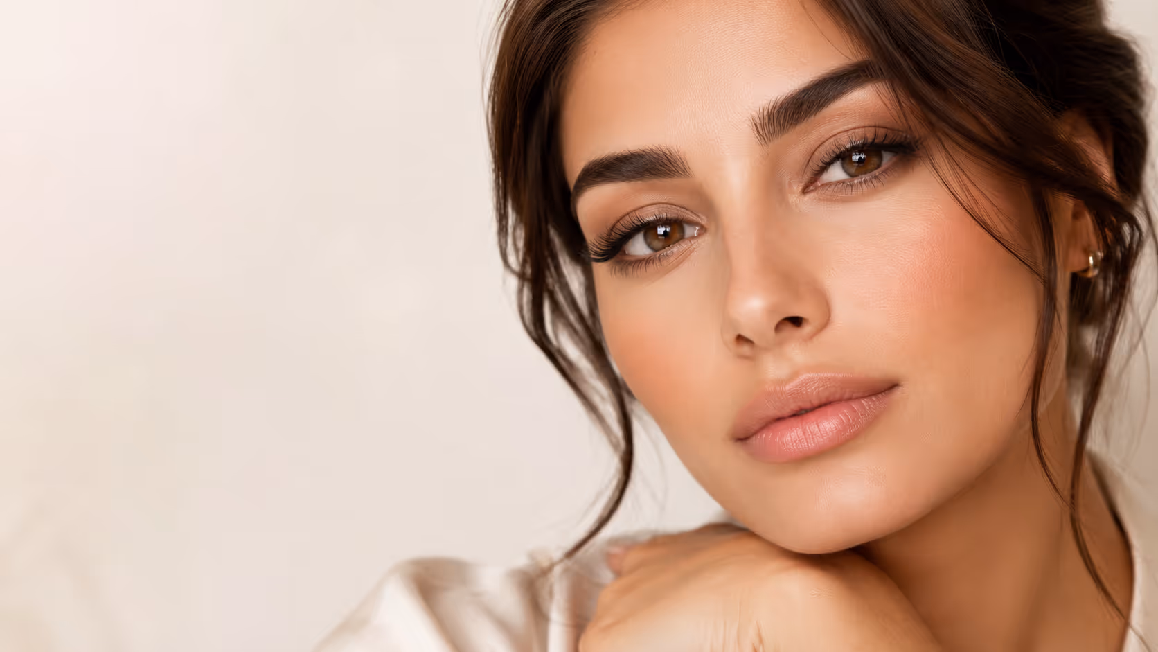 Close-up of a woman with flawless skin, brown eyes, and natural makeup resting her chin on her hand.