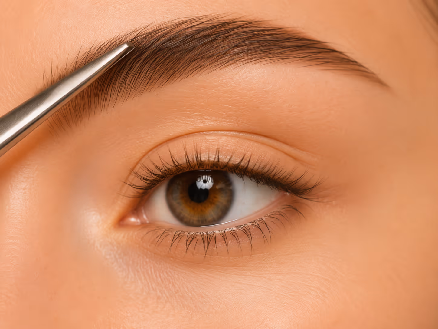 Close-up of an eye with a spoolie brush grooming a well-defined eyebrow.