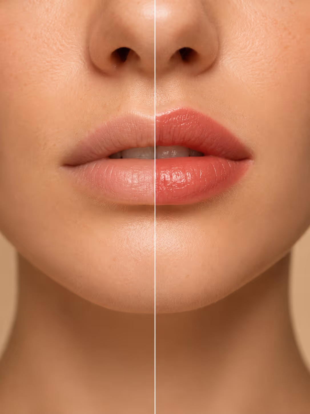 Close-up of woman's lips showing natural on left and shiny red lipstick on right side.