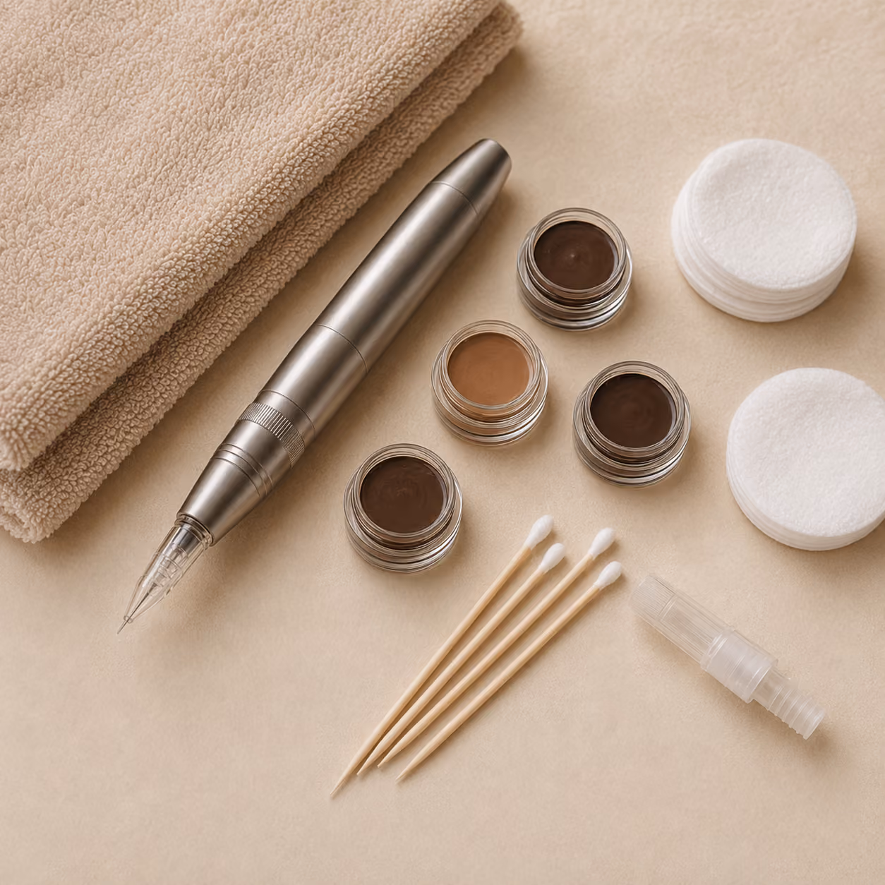 Tattoo machine, pigment pots, cotton pads, cotton swabs, and folded towel on beige surface.