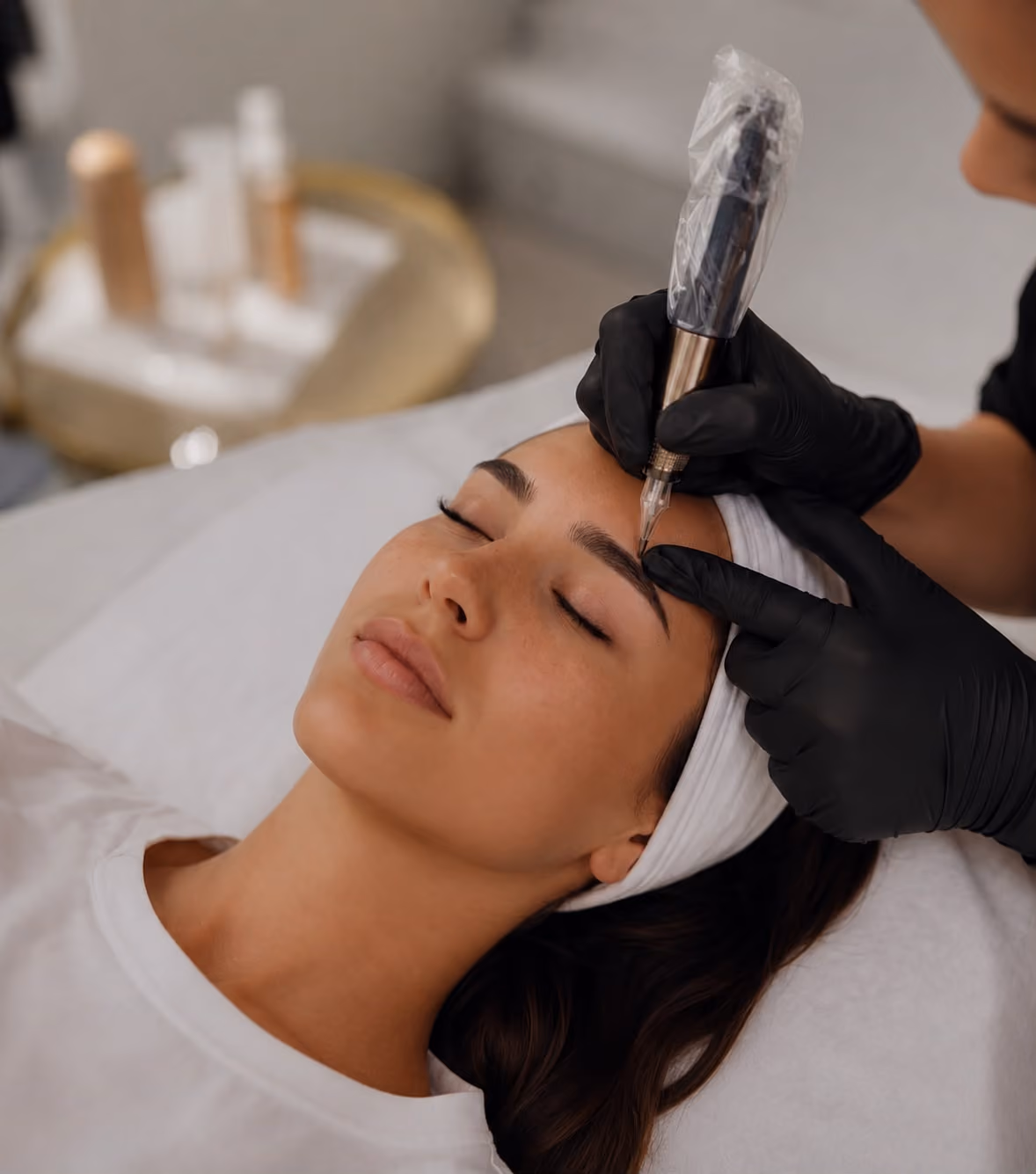 A woman with eyes closed receiving eyebrow microblading treatment from a technician wearing black gloves.