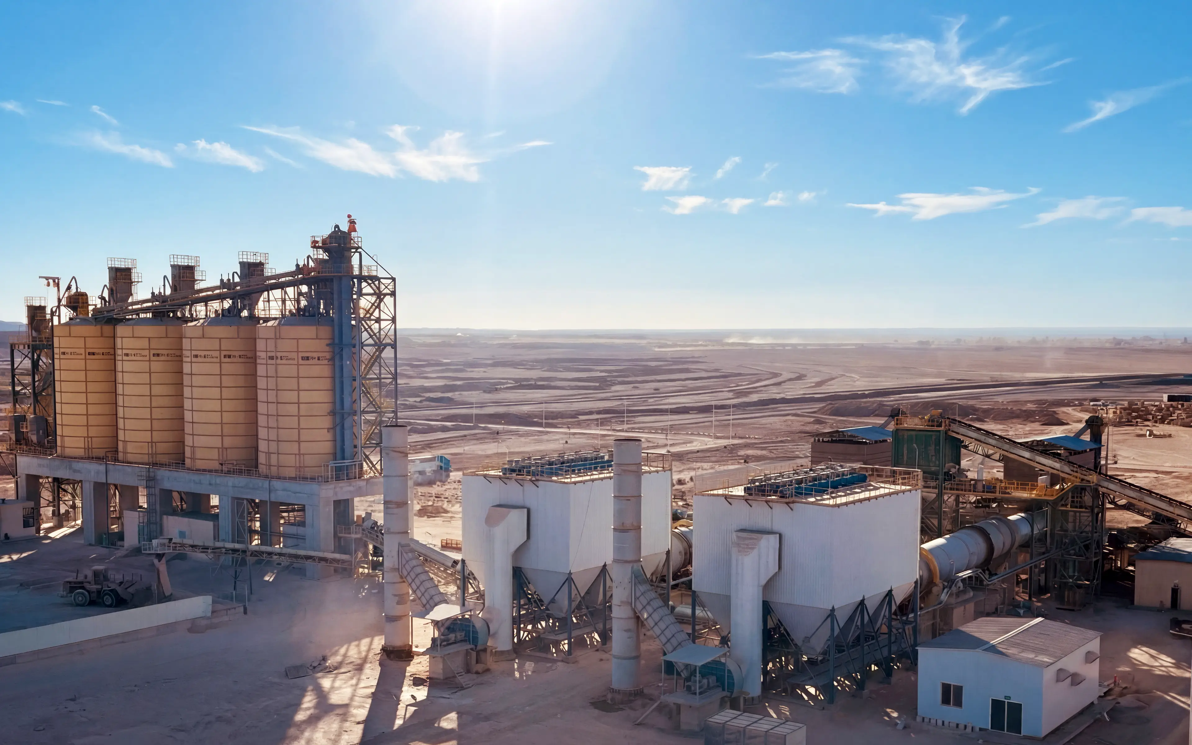 IDMI's phosphate beneficiation plant in Eshidiya, southern Jordan with large silos, dryer units, and smoke emitting from chimneys under a clear blue sky.
