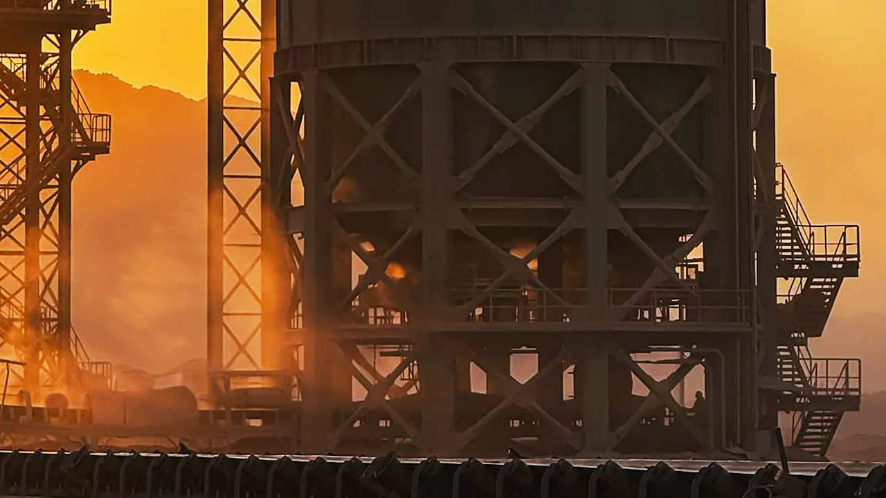 Industrial ore storage bin with metal structures and staircases at sunset, glowing with orange light and smoke.