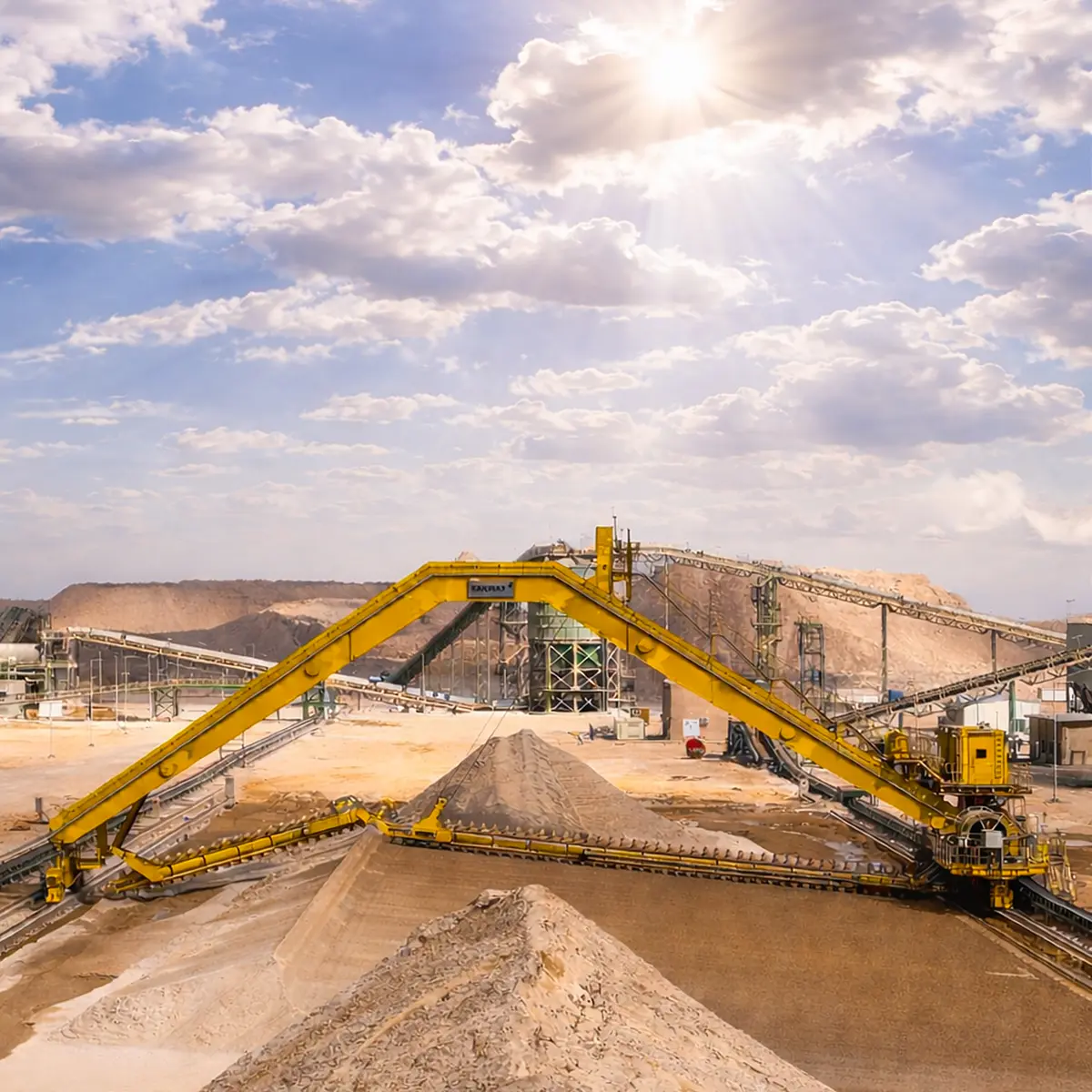 Large yellow industrial reclaimer sorting and piling gravel and sand at a mining site under a partly cloudy sky with sunlight.
