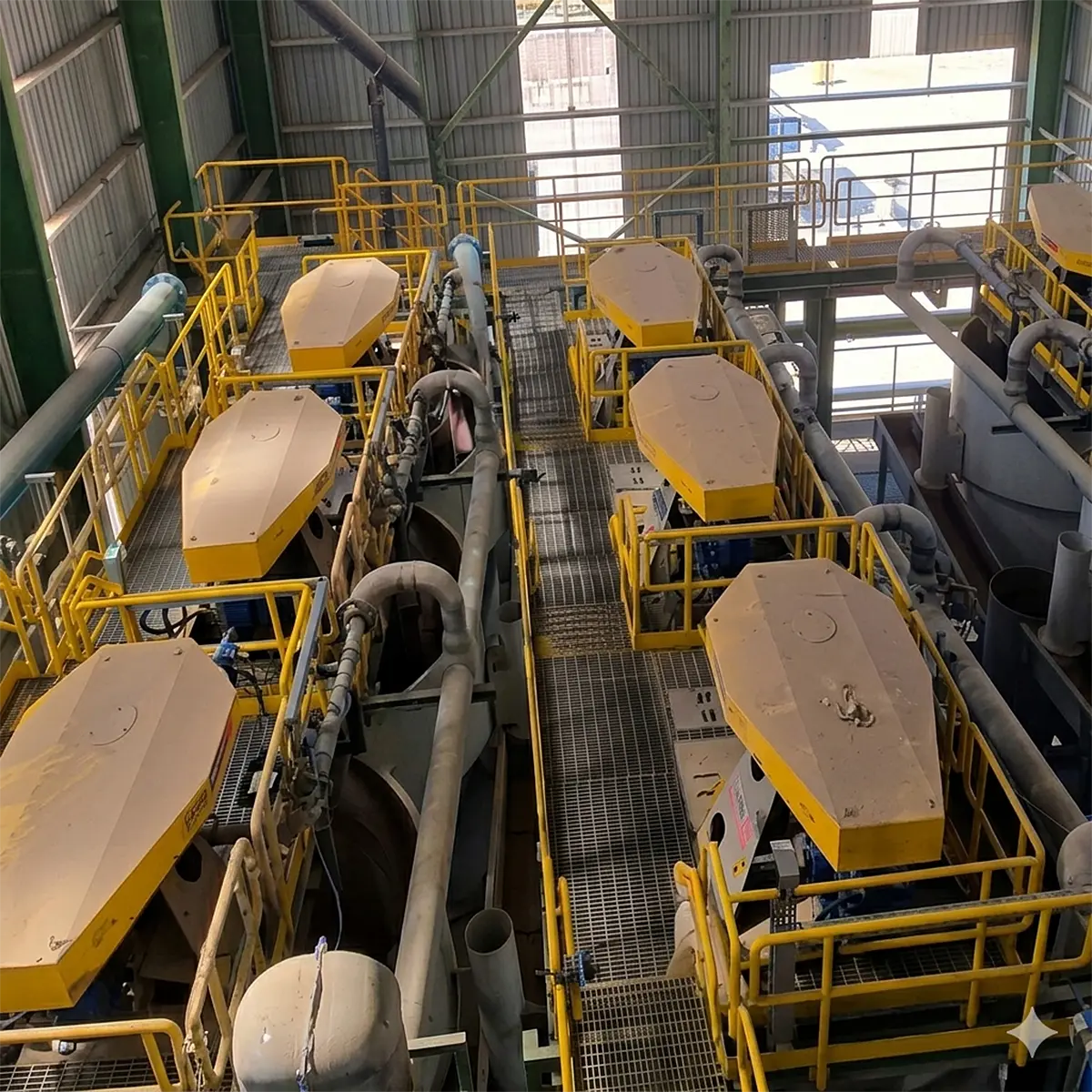 Industrial flotation cells with yellow covers arranged in two rows inside a large processing facility.