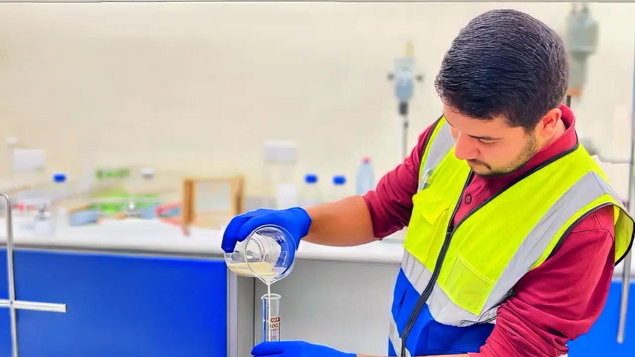 Technician wearing a yellow safety vest and blue gloves pouring liquid from a beaker into a graduated cylinder in a lab setting.