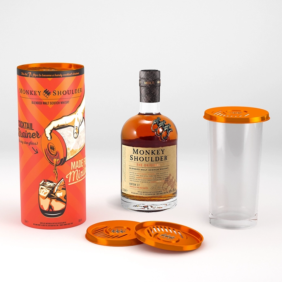 A composite render in Photoshop of a 3D render of a packaging concept incorporating a cocktail strainer that went into production