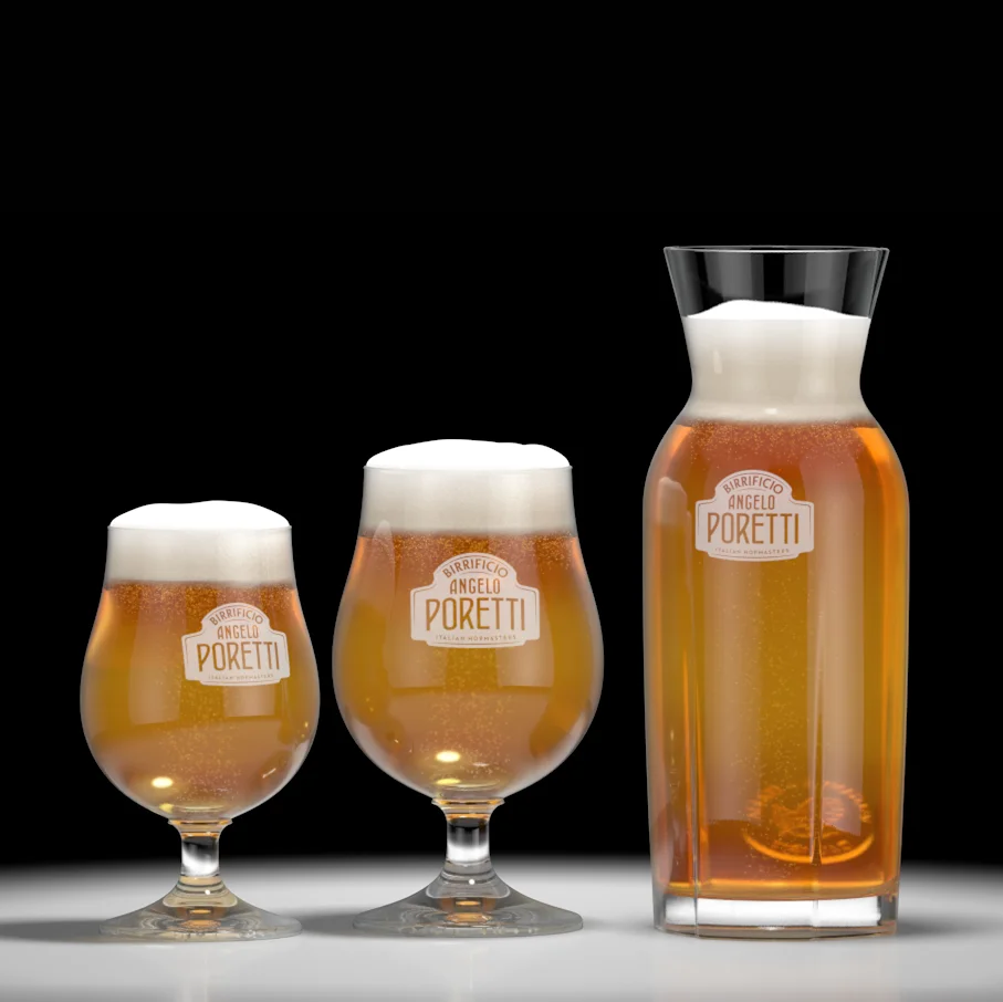 The UK sizing for glassware for Birificcio Angelo Poretti along with the custom dual-spout sharing carafe by Martin Greeves