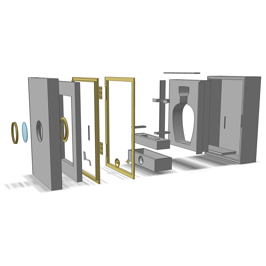 Exploded view of a 3D CAD build for a gift box specification document by Martin Greeves