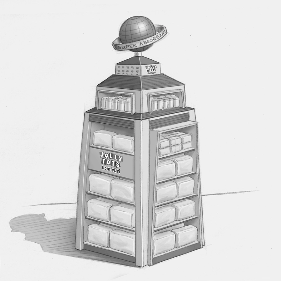 A greyscale scetch render by Martin Greeves for a retail display of baby products