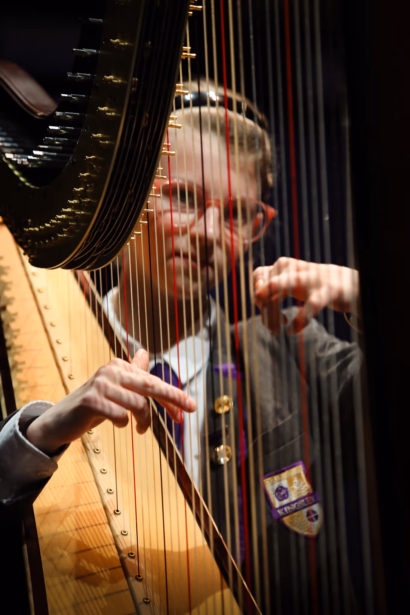 Person wearing glasses focused on playing a harp with their hands plucking the strings.