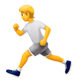 Pixelated animated character running, wearing a white shirt, gray shorts, and blue shoes.